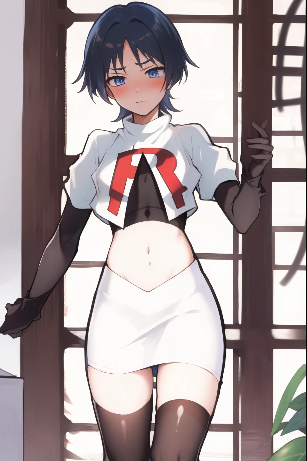 absurdres,masterpiece, trap, best quality, highres, high quality, 1boy, solo, male focus, hair, crossdressing,1boy,team rocket,team rocket uniform,white skirt,red letter R,crop top,black thigh-highs,black elbow gloves, embarrassed, blush