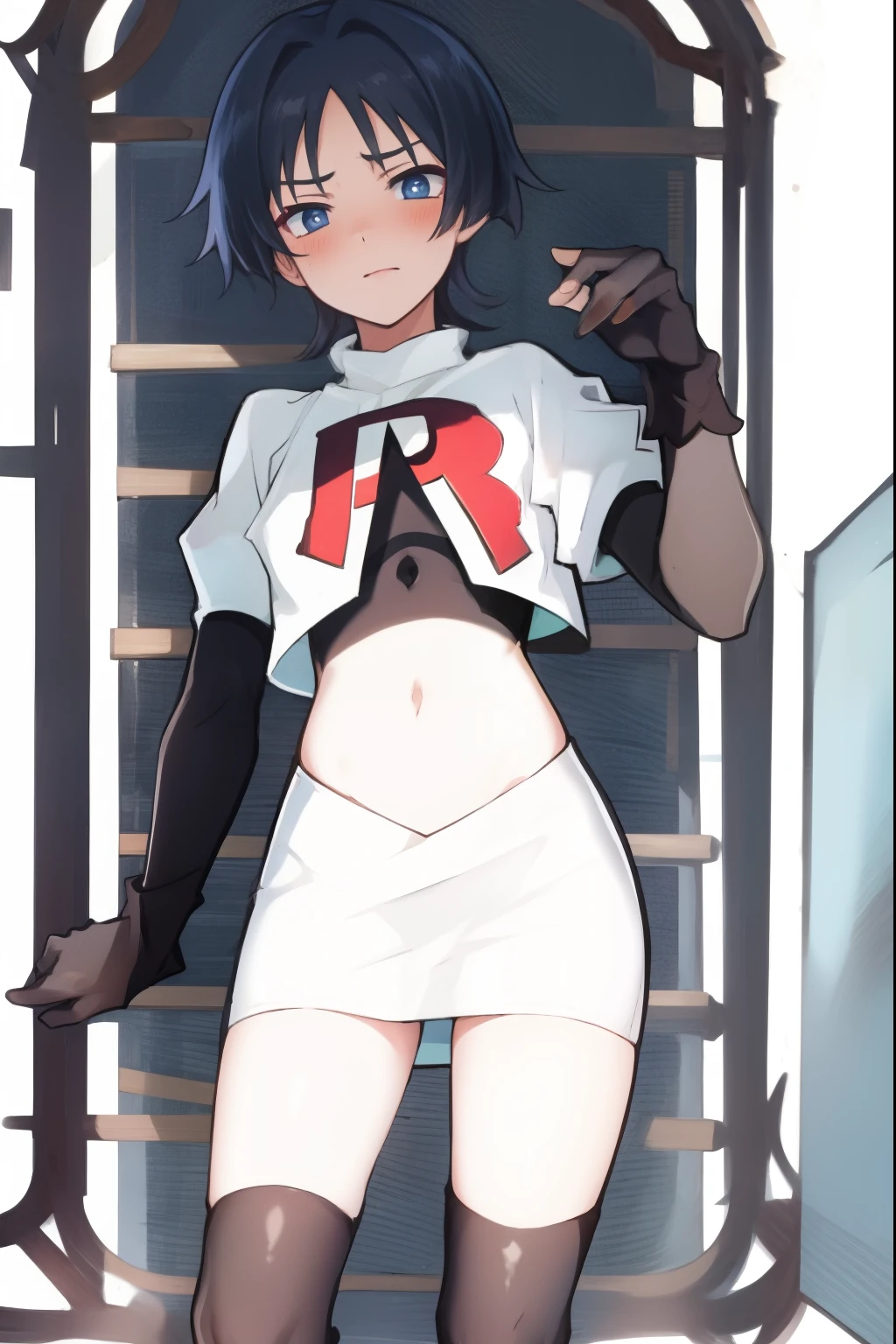 absurdres,masterpiece, trap, best quality, highres, high quality, 1boy, solo, male focus, hair, crossdressing,1boy,team rocket,team rocket uniform,white skirt,red letter R,crop top,black thigh-highs,black elbow gloves, embarrassed, blush