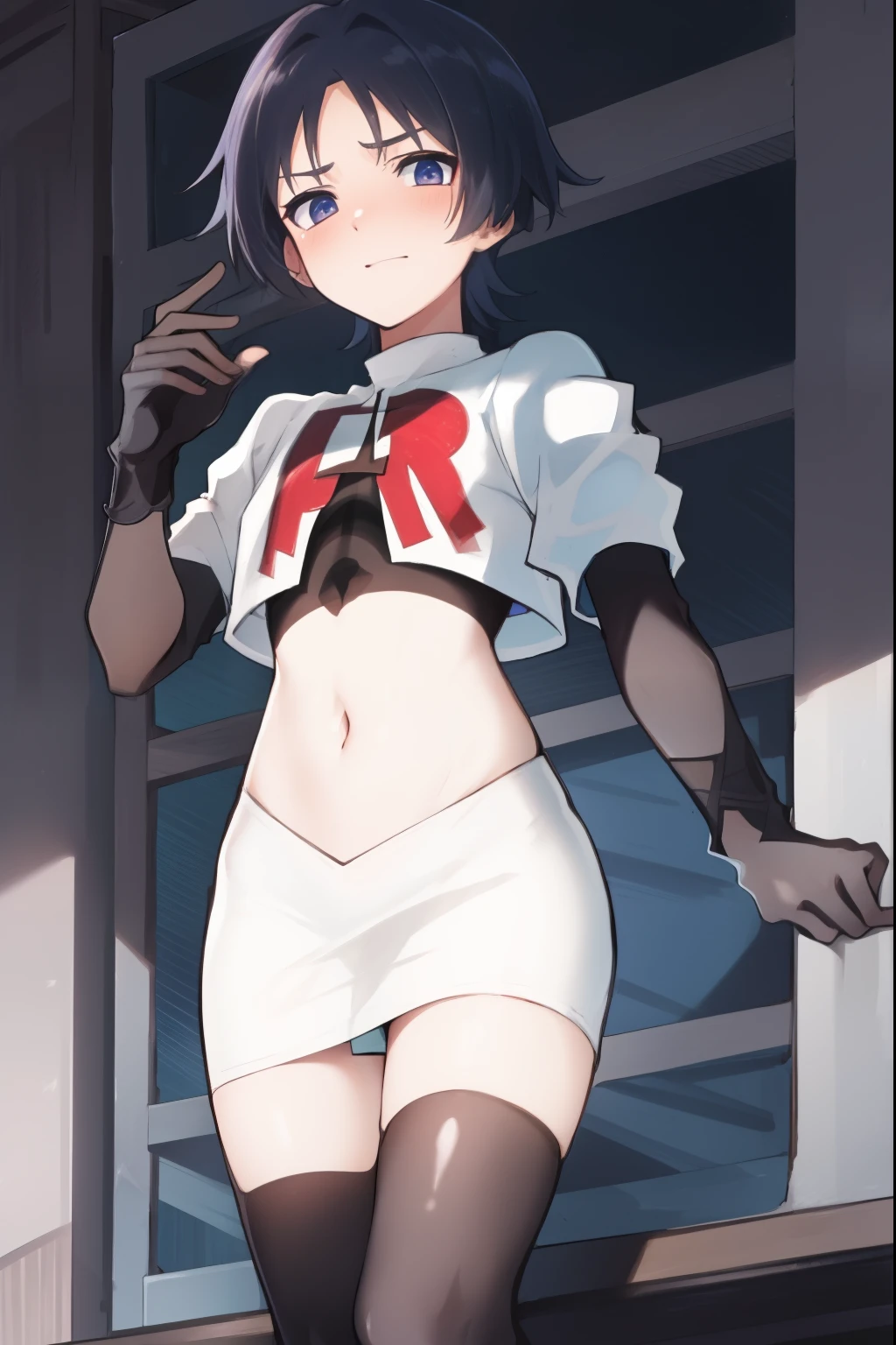 absurdres,masterpiece, trap, best quality, highres, high quality, 1boy, solo, male focus, hair, crossdressing,1boy,team rocket,team rocket uniform,white skirt,red letter R,crop top,black thigh-highs,black elbow gloves, embarrassed, blush