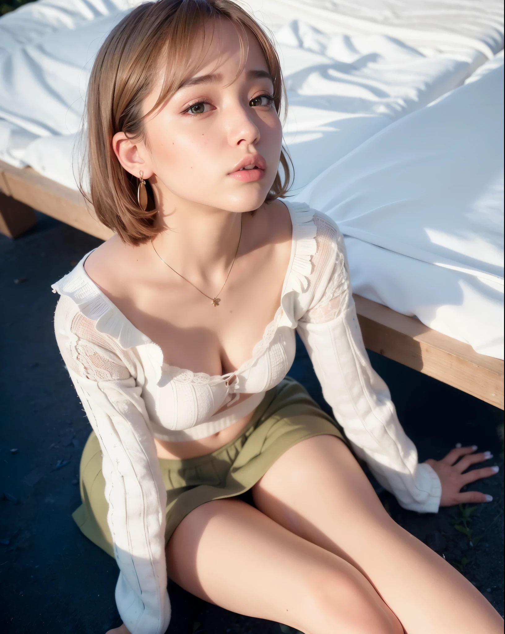 (8k, RAW photo, best quality, masterpiece:1.3), (realistic, photo-realistic:1.3), 1girl, (cute:1.3), (small breasts:1.3), (sunlight), (sunshine), shade, (looking at the viewer:1.3), short hair, (earring), closed mouth, ulzzang-6500-v1.1:0.5 green Wool skirt