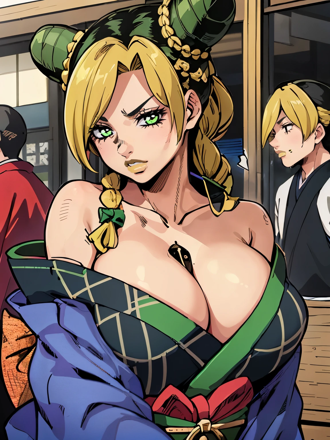 Chica de ojos grandes, ((kimono)), big breasts, (2d line:1.3), jolyne  ((alone)) ((only)) ((neckline)) sexy 