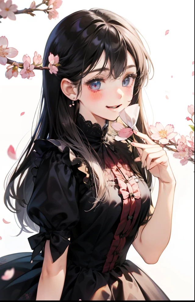 girl、white background、no background、black hair、long hair、Contrasting bangs、floral dress、ribbon、frills、cherry blossoms、April、blush、smile、cute、no background