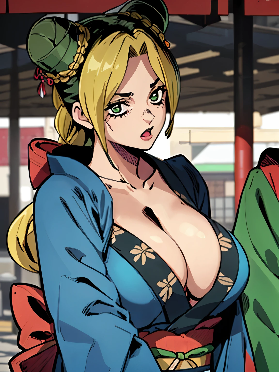 Chica de ojos grandes, ((kimono)), big breasts, (2d line:1.3), jolyne ((alone)) ((only)) ((neckline)) sexy