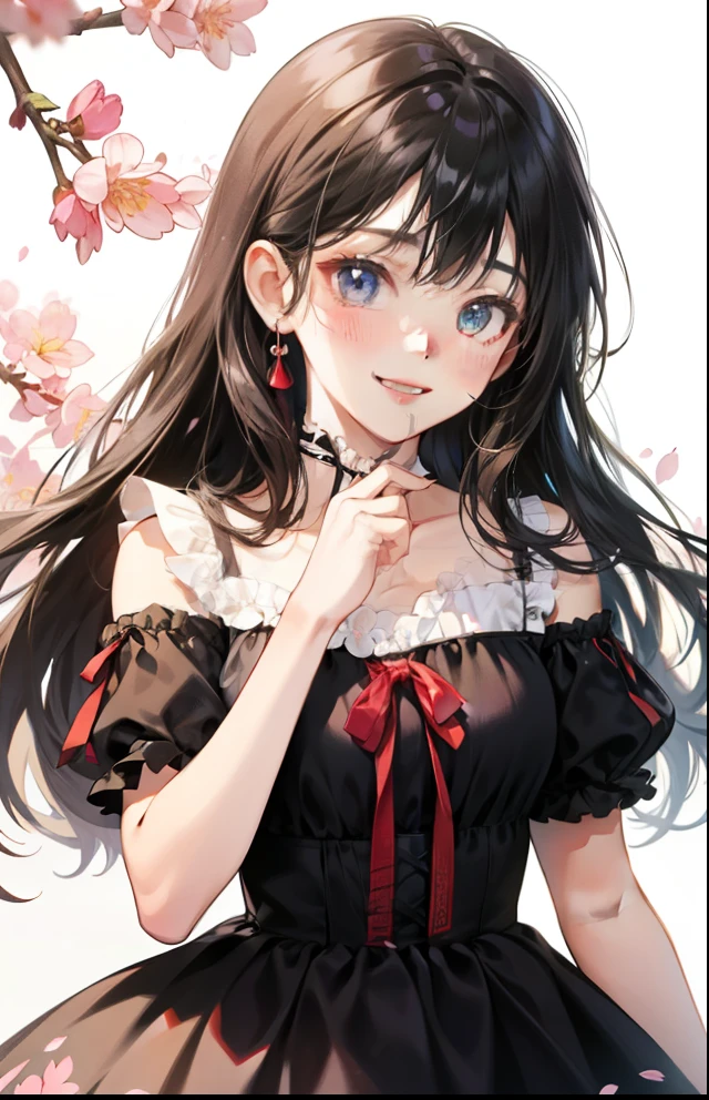 girl、white background、no background、black hair、long hair、Contrasting bangs、floral dress、ribbon、frills、cherry blossoms、April、blush、smile、cute、no background