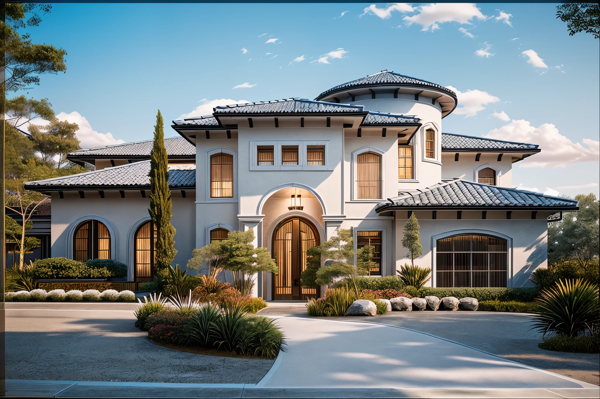 When design a MEDITERRANEAN EXTERIOR house, exterior design, (dark blue roof:1.1), (roof tile:1.2), (MEDITERRANEAN style:1.1), ((Iron with artistic patterns detail:1.3) designed to make railings, windows),(xingfa door), (curved arch:1.35), (white wall), (nigh light:1.3), (night view:1.3),designed to make gates, railings, windows), (outdoor (spotlight:1.2) (reverse lights:1.2)), The house bathed in natural nightlight and has warm LED lighting. Super sharp like photos taken with a professional camera, color block wall detail, (|color block materials| in neoclassic house), white color block MEDITERRANEAN house (((volumetric light))), (outdoor ceiling spotlight:1.2), (Exterior night reverse lights:1.2), (|neoclassical cornice|), (|warm light| inside interior), The focal point of the room the warm LED light with a color temperature of 3600k, |reverse lights| illuminate the columns around the house, night, 8k uhd, dslr, soft lighting, high quality, film grain, Fujifilm XT3 day, 8k uhd, dslr, soft lighting, high quality, film grain, Fujifilm XT3, The ambient lighting highlights the textures and details, creating a stock photo-like atmosphere, (((Best Quality))), ((Masterpiece)), ((best illustration)), ((best shadows)), ((Super Detail)), (Intricate lines), (Photorealism),(hyper detail), ((archdaily)), ((award winning design)), (dynamic light), ((day)), (perfect light), (shimering light), (hidden light), ((photorealistic)), ((FKAA, TXAA, RTX, SSAO)), ((Post Processing)), ((Post-Production)), ((CGI, VFX, SFX)), ((Full color)) ,((Unreal Engine 5)), ((intricate detail)), ((extreme detail)), ((science)), ((hyper-detail)), ((super detail)), ((super realistic)), ((crazy detail)), ((octane render)), ((Cinematic)), ((trending on artstation)), ((High-fidelity)), ((Viwvid)), ((Crisp)), ((Bright)), ((Stunning)), ((Eye-catching)), ((High-quality)),((Sharp))((Bright)), ((Stunning)), Natural, ((Eye-catching)), ((Illuminating)), ((Flawless)), ((High-quality)),((Sharp edge render)),