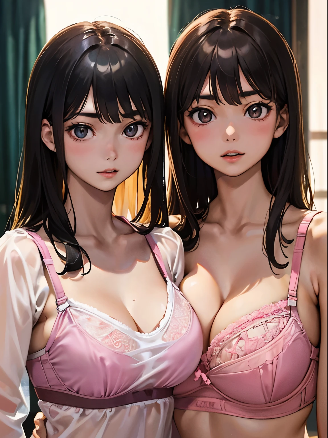 ((2 beautiful girls)), very detailed CG 統合 8k 壁紙, very detailed, High resolution raw color photos, professional photos, realistic portrait, ager, brunette, long hair, (See-through micro micro bra:1.6), (beautiful big breasts), (Pink floral ornament), Pink bedroom,