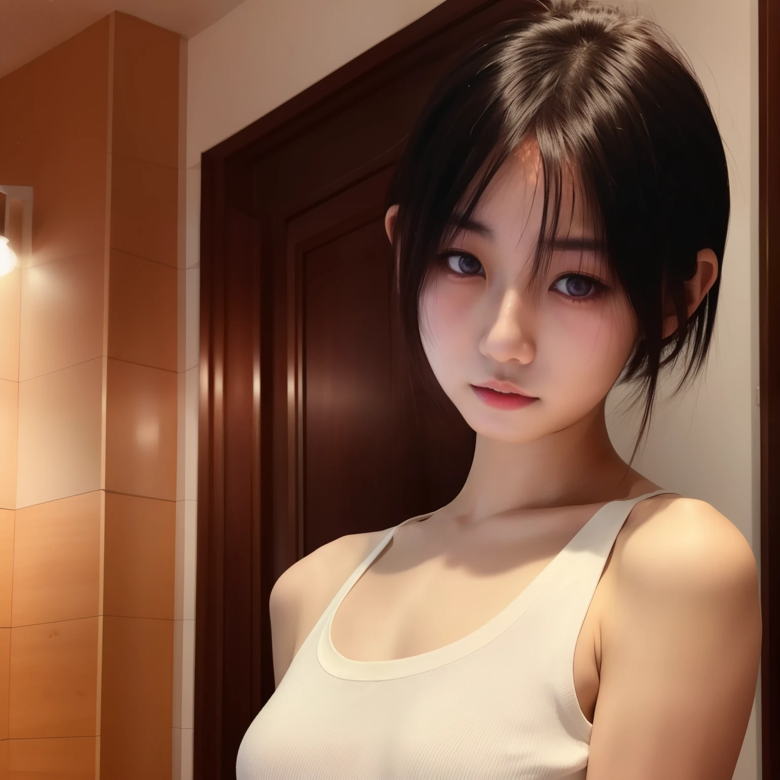 Dressed, (photo Realistic:1.4), (hyper Realistic:1.4), (Realistic:1.3), (Smoother lighting:1.05), (映画の照明Improvement of quality:0.9), 32k, One Girl,12-year-old girl, Realistic lighting, Backlight, Light on the face, Ray Tracing, (Bright light:1.2), (Improvement of quality:1.4), (Highest quality real texture skins:1.4), Detailed drawn eyes, Face drawn in detail, quality eyes, (tired, Sleepy and satisfied:0.0), Face close-up, (Enhances the body line:1.1), (Enhances the beauty of skin texture:1.1)、tits、Small breasts、Flat Chest、Bare Chest、Small beautiful pink nippleake a kissing face here、Lips pouting, eyes half-open、Open your mouth and stick out your tongue、Stretch your arms out here、Poke out your lips