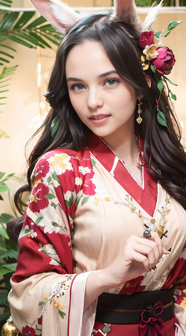 Step into a world of fantasy with a beautiful girl in a hanfu costume. Her thin red silk shirt is adorned with stunning yellow motifs, while her black lace top adds a touch of elegance. Her light pink rabbit ears add a playful element to her look, and her long hair is dyed a mesmerizing pale purple platinum. Adorned with intricate hair jewelry, her pretty face and perfect features are truly a sight to behold, upper-body