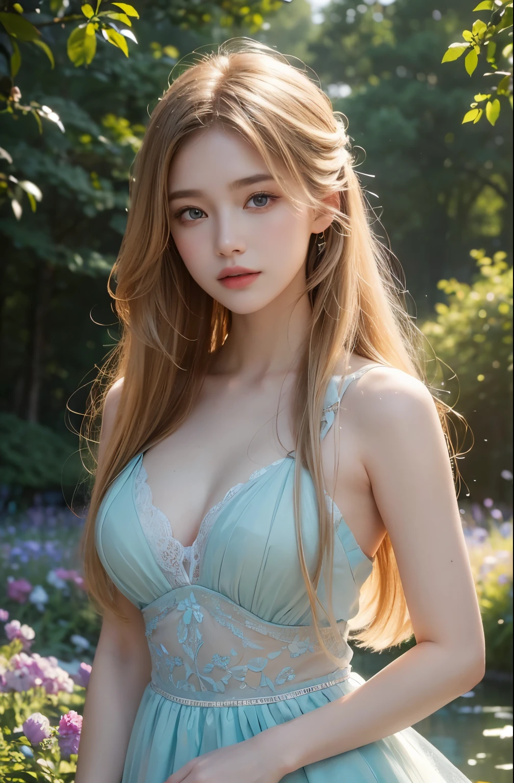 (best quality,4k,8k,high res, masterpiece:1.2), ultra-detailed, (realistic, photorealistic, photo-realistic:1.37), A girl (charming Russian model Nata Lee), staring at the night under the new moon,moonlight illuminating her face, serene expression, breathtakingly beautiful, Light blonde and flowing hair, sparkling eyes, rosy cheeks, peaceful atmosphere, enchanted garden, nature surrounding her with vibrant flowers, butterflies dancing around her, soft moonlight casting a magical glow, hint of mystery and wonder, impressionistic painting style, vivid colors blending seamlessly, golden hues with a touch of cool blue, subtle play of shadows and highlights, ethereal and dreamlike setting, delicate brushstrokes creating a sense of movement and depth, subtle details capturing every nuance and emotion, masterful use of light and contrast, creating a mesmerizing and unforgettable scene.
