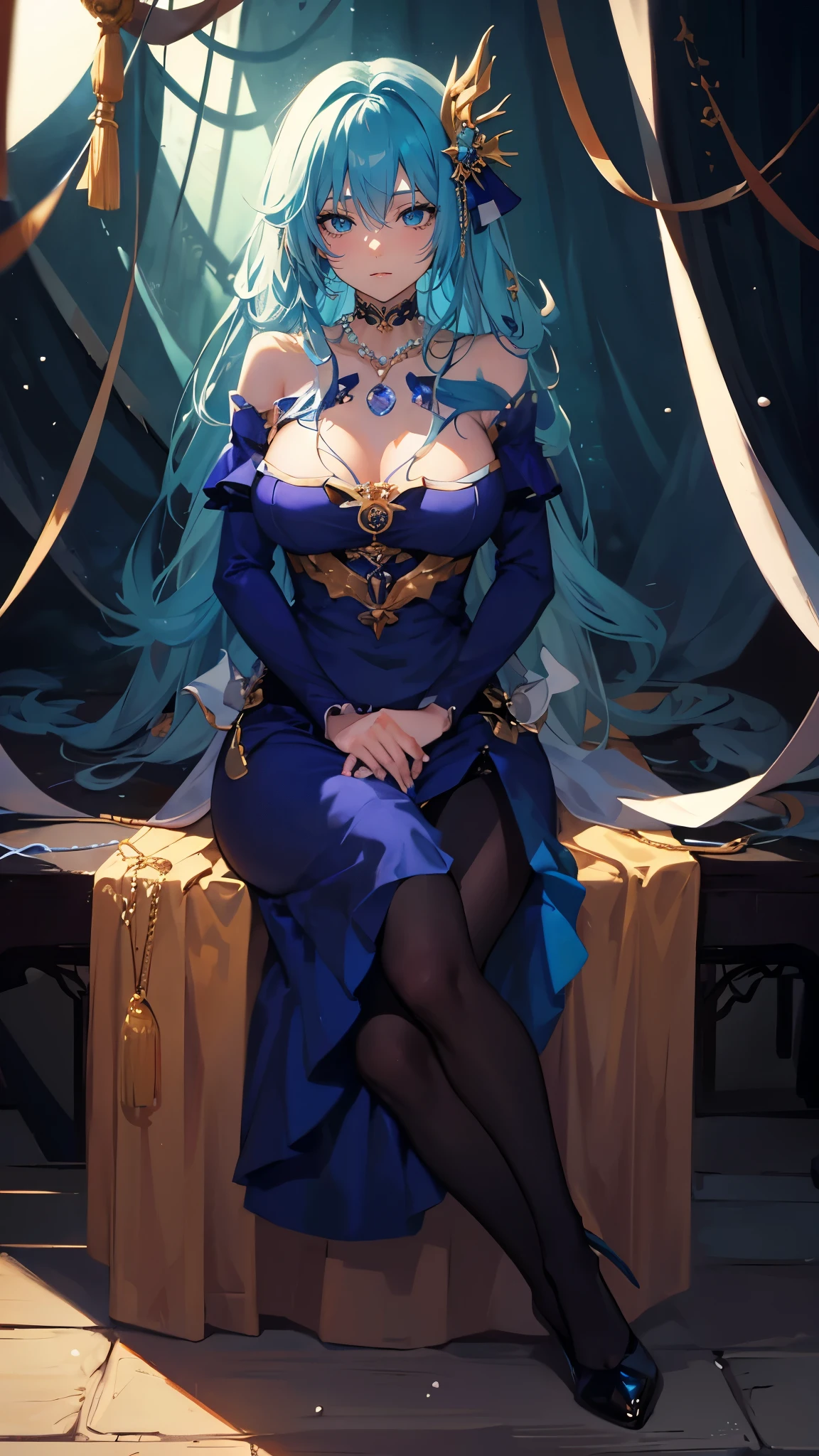 海long blue hair,close up,dream world,Mermaid Royal Sister, 海long blue hair,sitting on an royal throne,tear nevus,Mermaid ears,(pearl head chain,necklace),necklace,Long off-the-shoulder blue dress,humanoid, Poseidon temple background, her skin is white, fair complexion,green eyes,long blue hair, Two long black stocking legs,High heel,black legs,tattoo