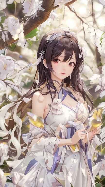 Anime girl in white dress standing in flower field, 绫香Genshin冲击, official artwork, 《Genshin》Keqing in, Beautiful anime portrait, Hestia, style, 《Genshin》Zhongli in, Hungry Ghost Festival, Detailed digital animation art, anime goddess, beautiful anime girl, 绫香游戏Genshin冲击