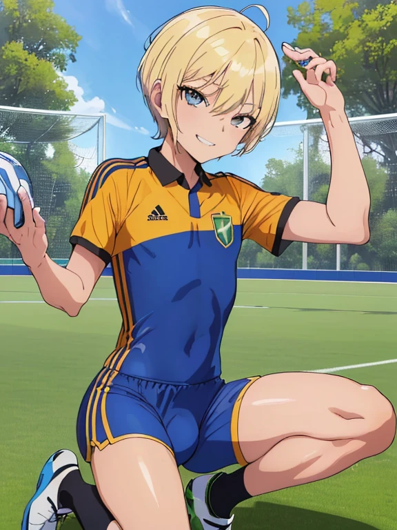 (((official art,Super thin illustration,High resolution, muste piece, best quality,best quality,)))high quality, detailed, (little boy),12 years old, A young ace striker male idol with a super cute face,A boy as beautiful as Planding, Cool handsome face with smile, soccer spike, long legs, thighs, Foots, Bulge, (blonde hair、short hair)、shiny hair, (Tight shiny random color soccer uniform suit), (tight and shiny soccer shorts), (Soccer Socks), grassy area, cool pose, (厚いthighs、Seduce your big ass to your crotch)、(((soccer field in the park)))、((Saucy、))、grinning grin、spread legs,ultra fine painting, (best quality, In 4K, 8K, High resolution, muste piece:1.2),(((Being aware of the sexual gaze of middle-aged gay men)))、Service Shots、((detailedな目:1.2))、cute eyes、