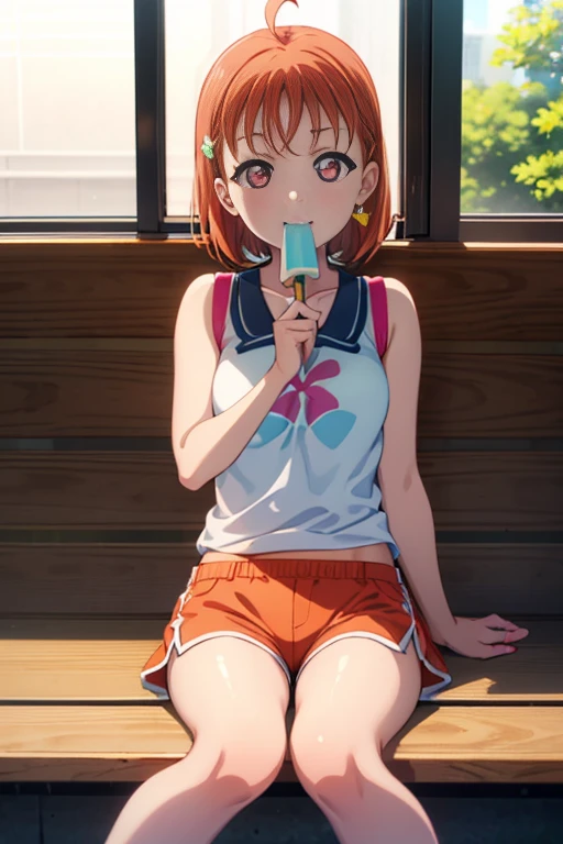 (((pixel perfect, Perfection in every detail))), alone, 1 girl, Chika Takami,close ~ eye,open your mouth,smile,Eating a red-orange popsicle,sleeveless,shorts,barefoot、Sitting on the veranda