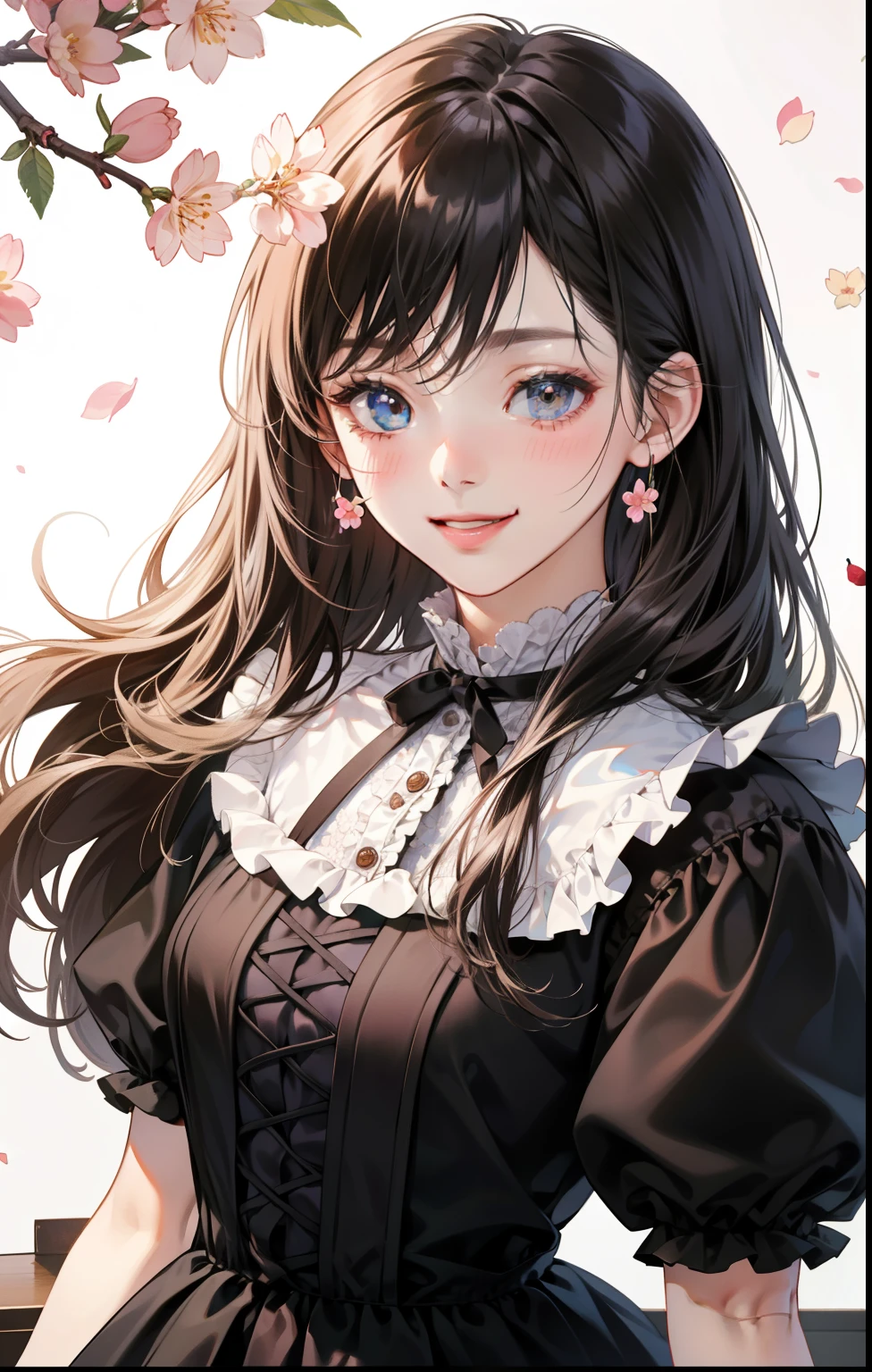 girl、white background、no background、black hair、long hair、Contrasting bangs、floral dress、ribbon、frills、cherry blossoms、April、blush、smile、cute、no background