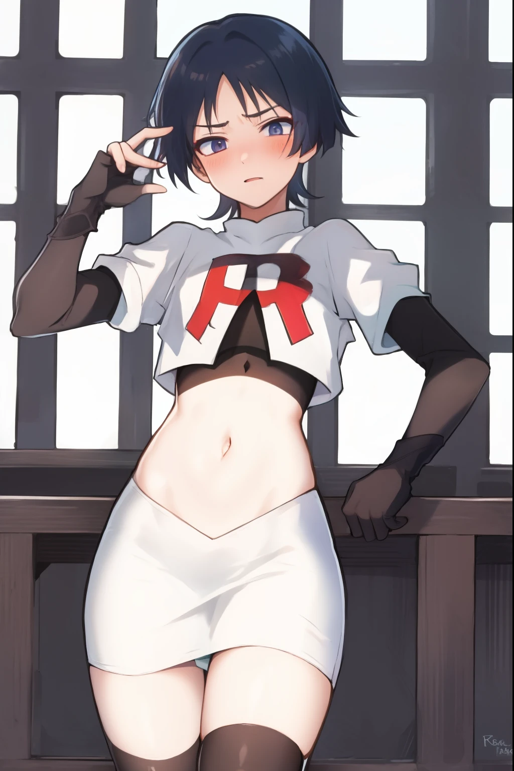 absurdres,masterpiece, trap, best quality, highres, high quality, 1boy, solo, male focus, hair, crossdressing,1boy,team rocket,team rocket uniform,white skirt,red letter R,crop top,black thigh-highs,black elbow gloves, embarrassed, blush