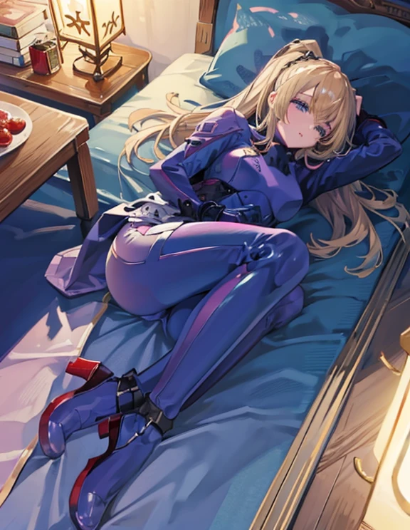 highest quality,sleeping face up in bed，Crab crotch，please show me your boots，thigh high boots，leotardチラ見せ，glove，Strange thieves，elegant, 1 girl, leotard，body suit，cute, blushed, looking at the viewer, from below, prison，blue eyes, beautiful eyes, beautiful background, particles of light, Light of the sun, dramatic lighting, outside, shiny, realistic, table top, highest quality, super detailed, be familiar with, scenery, beautiful and fine eyes, fine hair