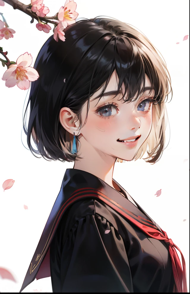 girl、white background、no background、bob cut、black hair、Contrasting bangs、uniform、ribbon、cherry blossoms、graduation、graduation式、blush、smile、cute、no background