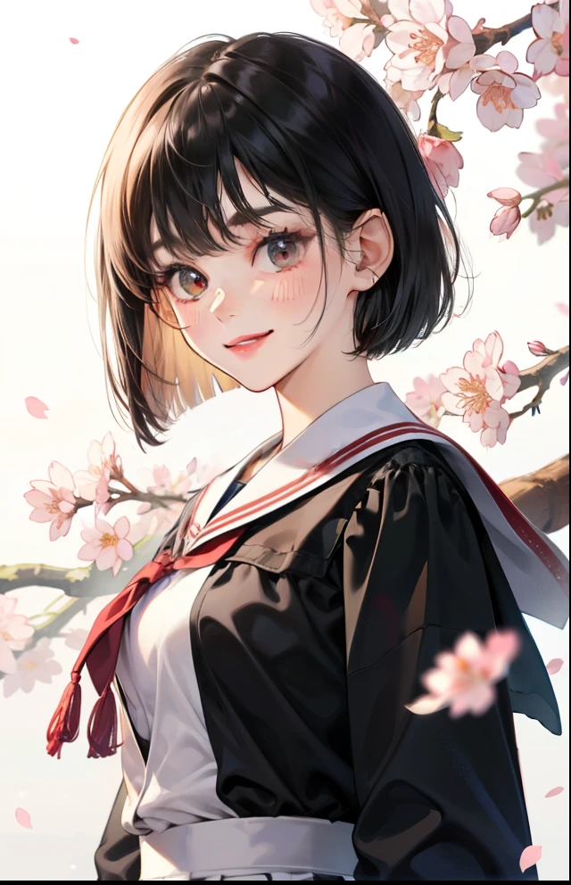 girl、white background、no background、bob cut、black hair、Contrasting bangs、uniform、ribbon、cherry blossoms、graduation、graduation式、blush、smile、cute、no background