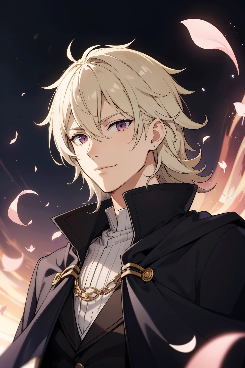 (high-quality, breathtaking),(expressive eyes, perfect face) 1male, male, solo, age 40's, medium length hair, hair has white tips, light blonde almost white hair color, unkept hair, pink eyes, fantasy mage clothing, portrait, upper body, magic, charming smile, black cloak, white shirt, pink flower on clothing
