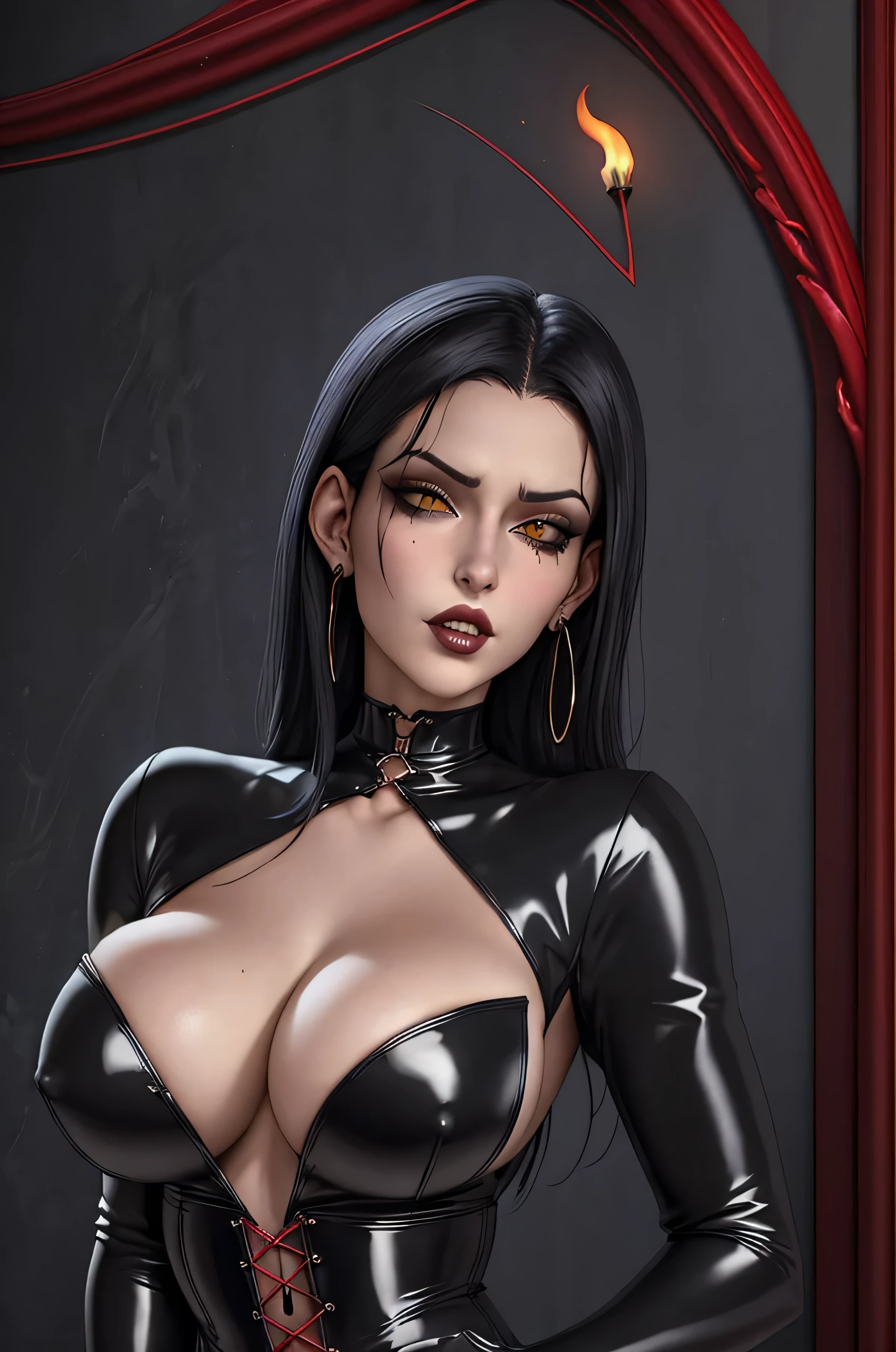 Araffed woman in black latex posing in a room, gotic girl,dark goth queen, Beautiful elegant demon queen, Portrait of a Gothic, gothic maiden of the dark, mulheres furiosas de cabelos escuros e franja, Fantasia sombria e sedutora, goth woman, arte de estilo fantasia escura, goth girl, no estilo da arte da fantasia sombria, 3D as a cute vampire with huge bondage wearing a black corset and dental floss. She is posing very sexy and showing off her body, cabelo preto com franja,nsfw, show full body, sexy lingerie, sex appeal, naked, pussy. on bed, deep sexual encounter, hypnosis eyes, the hottest sex appeal ever scene.
