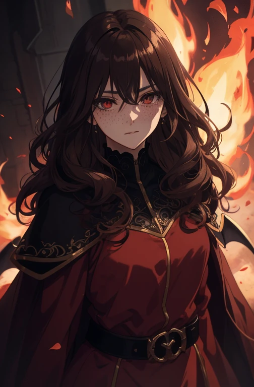 1girl, beautiful anime girl, short wavy brown hair, freckles. Dark red robes, hell, demon, long skirt, fire, dark eyelashes, perfect eyes, perfect face, intricate, intricate details, epic, character portrait, cinematic portrait, anime, anime art