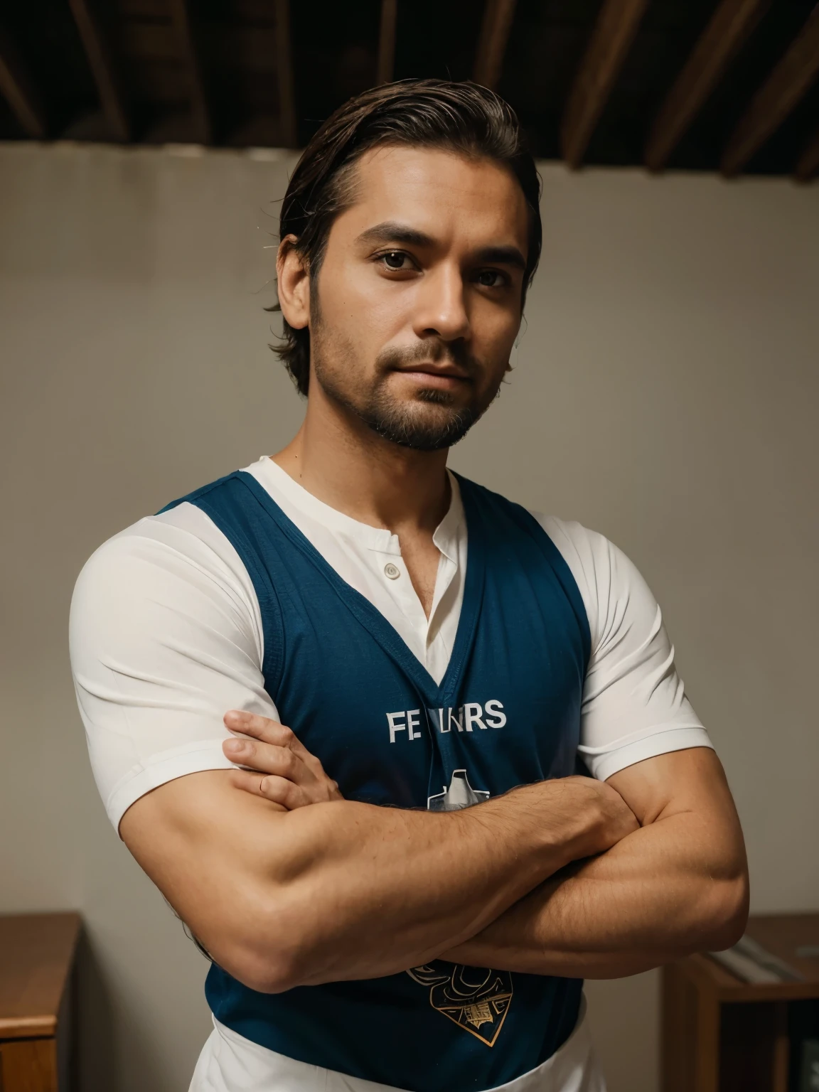 Homem,35 anos, , roupas de barbeiro, fe arms crossed, barba crispa, Perto, com uma pose de marketing, Film grain, fundo ensolarado
