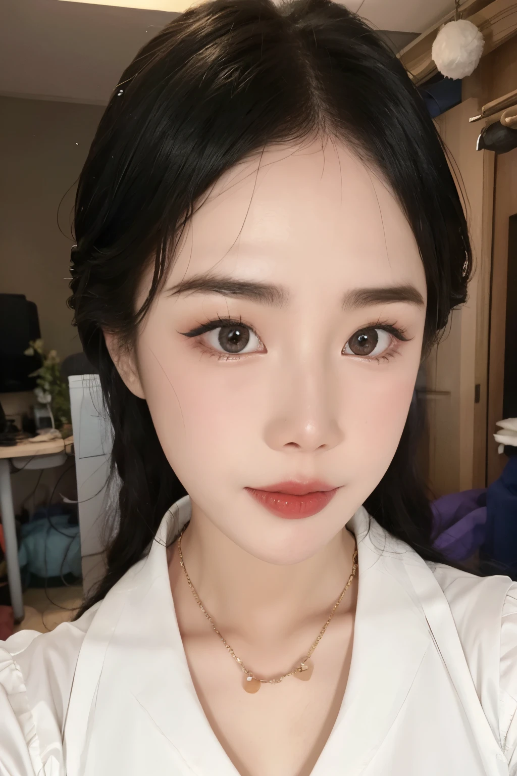 hay una mujer con una bata blanca y un collar, maquillaje popular de corea del sur, maquillaje coreano popular, maquillaje suave, joven y adorable rostro coreano, con cara redonda, maquillaje sutil, Maquillaje ligero, con maquillaje profesional, rasgos de la cara coreana, cara redonda y suave, maquillaje sutil, seo soojin
