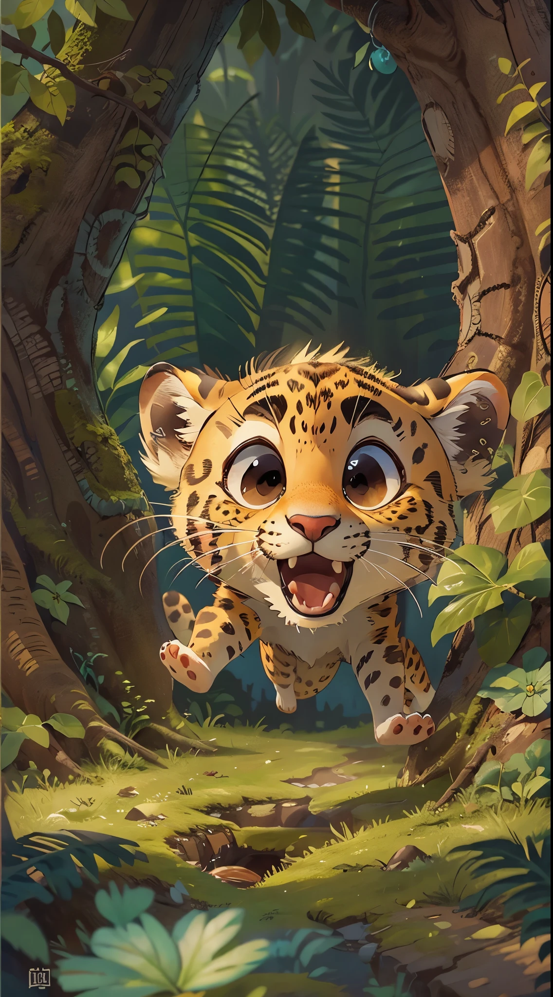 Front view of a cute leopard jumping out of a tree hole,It opens its mouth,close up, Pixar style, best quality, stills, very cute, big eyes, Birds and flowers around, Rainforest,Very happy,high details, high quality, masterpiece, ccurate, super detail,