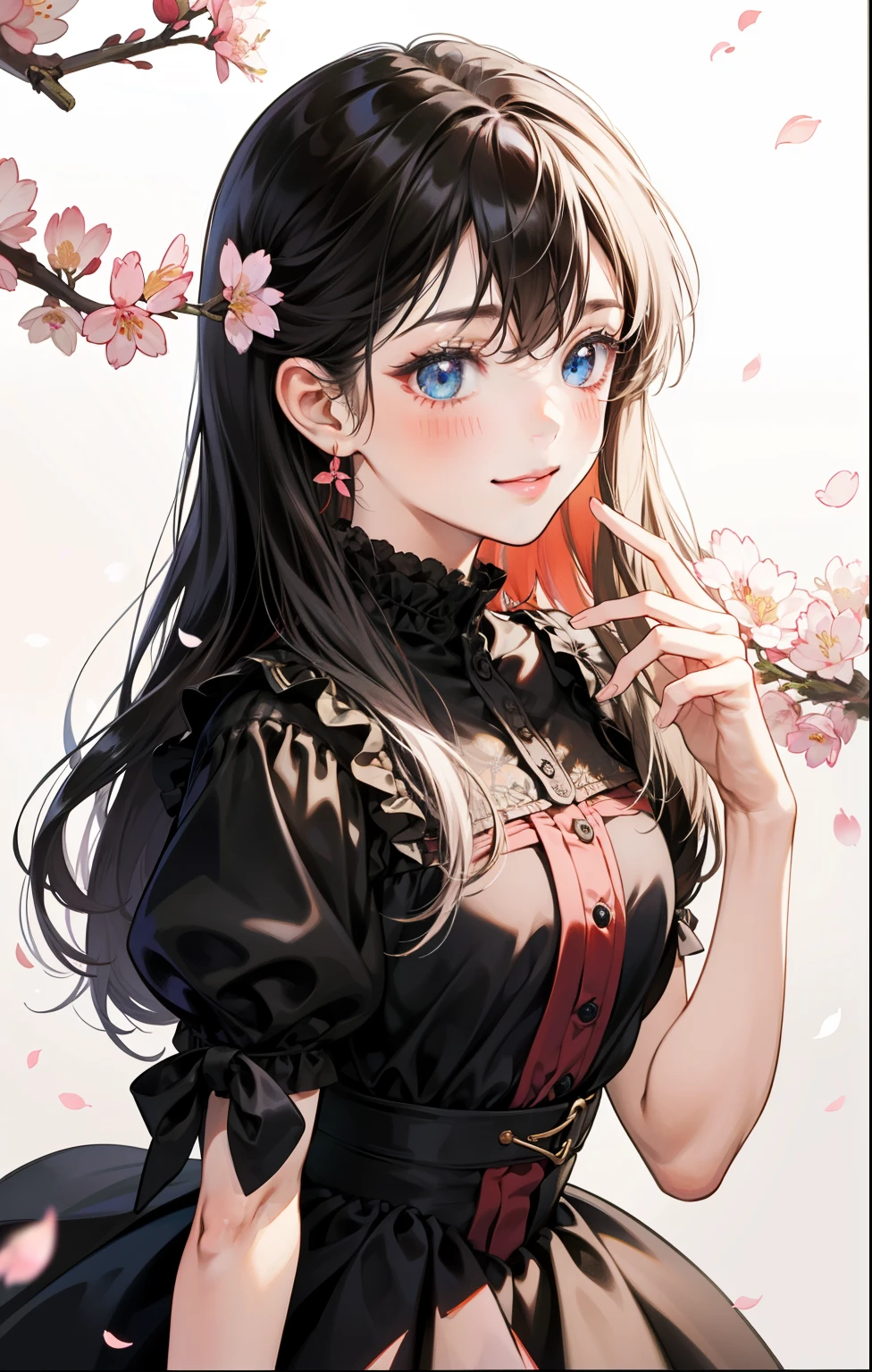 girl、white background、no background、black hair、long hair、Contrasting bangs、floral dress、ribbon、frills、cherry blossoms、April、blush、smile、cute、no background