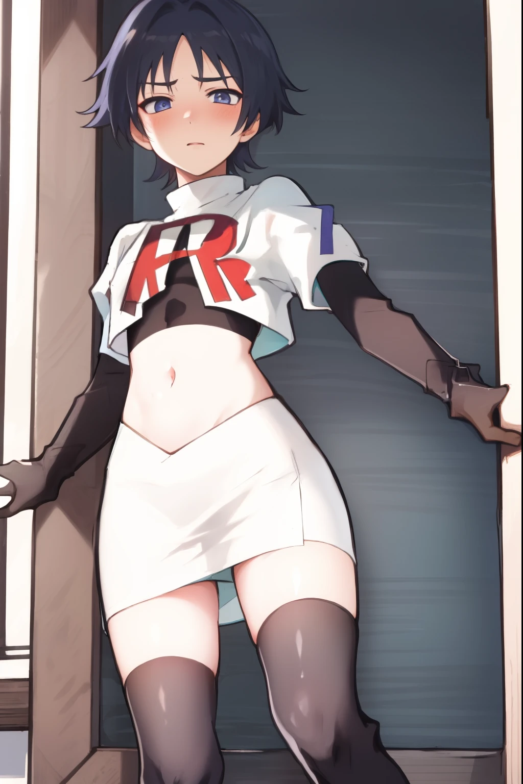 absurdres,masterpiece, trap, best quality, highres, high quality, 1boy, solo, male focus, hair, crossdressing,1boy,team rocket,team rocket uniform,white skirt,red letter R,crop top,black thigh-highs,black elbow gloves, embarrassed, blush