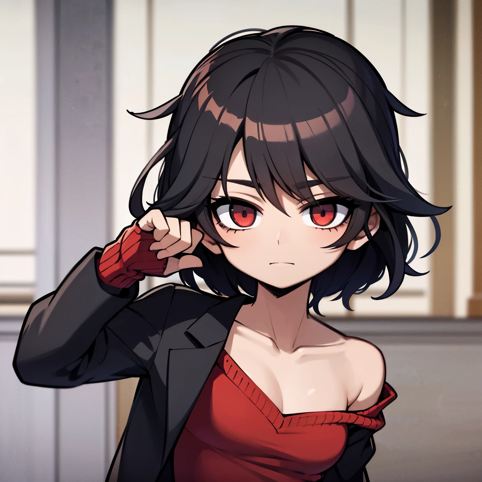 Imagen estilo anime de un chico que viste una larga chaqueta negra mientras sostiene una daga roja en su mano