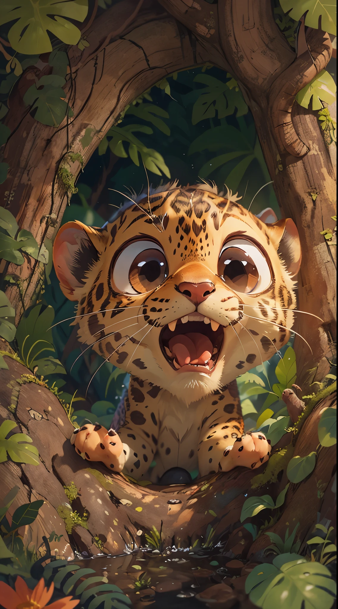 Front view of a cute leopard jumping out of a tree hole，It opens its mouth，close up, Pixar style, best quality, stills, very cute, big eyes,  Birds and flowers around,  Rainforest，Very happy，high details, high quality, masterpiece, ccurate, super detail，