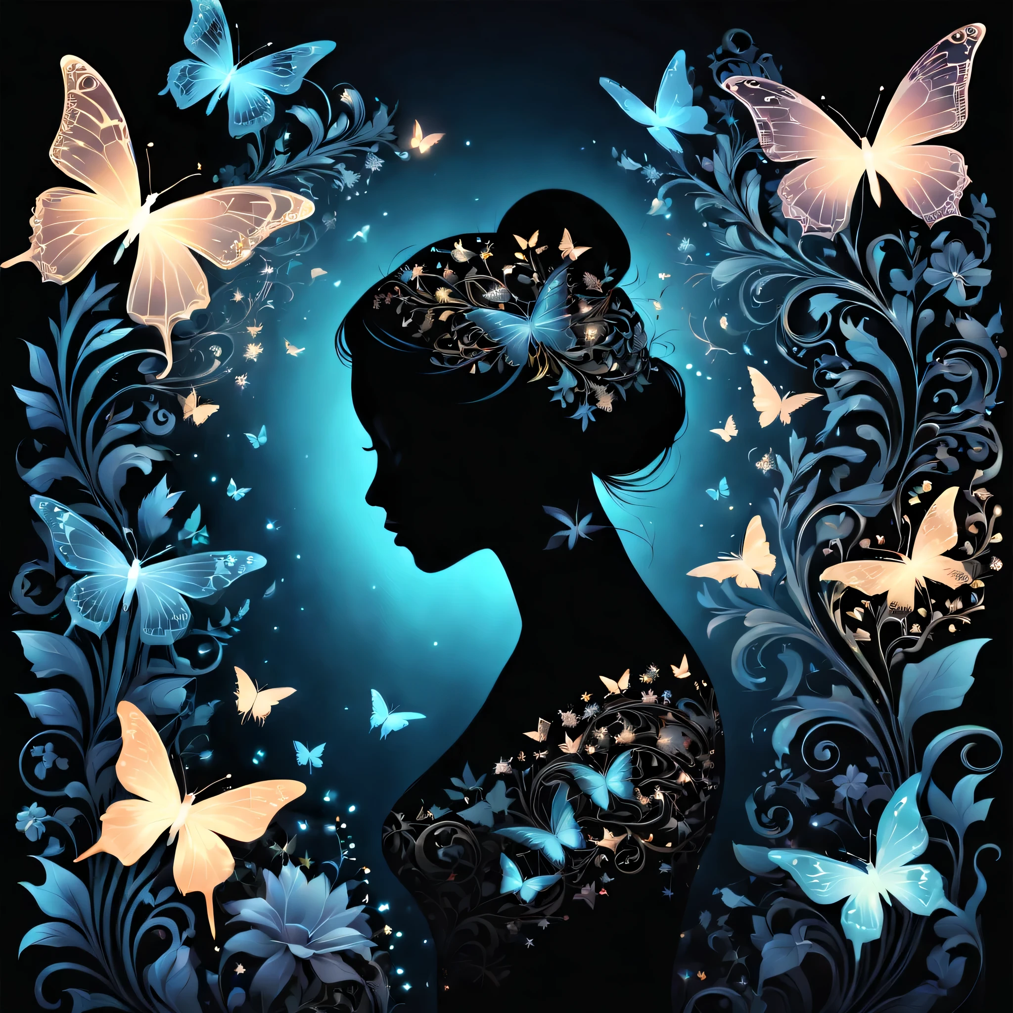 a silhouette of a woman’s profile surrounded by an intricate design consisting of various elements like butterflies, flowers, and birds, all illuminated with a soft glow against a dark background.