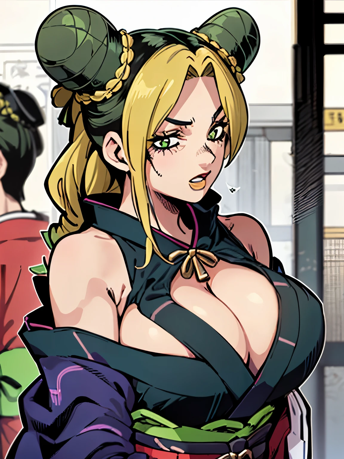 Chica de ojos grandes, ((kimono)), big breasts, (2d line:1.3), jolyne ((alone)) ((only)) ((neckline)) sexy