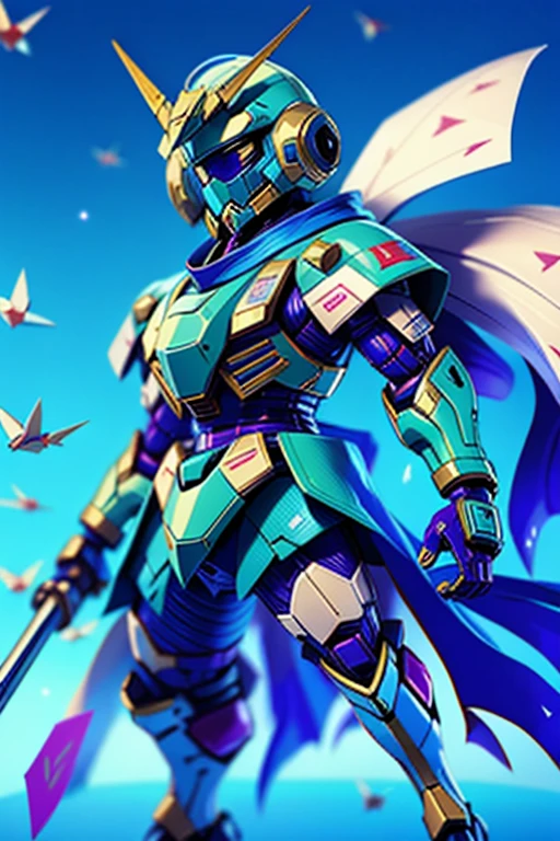 1 super cute wear origami gundam armor, smile, ready for battle, carry ultra large cyber blade, looking at camera