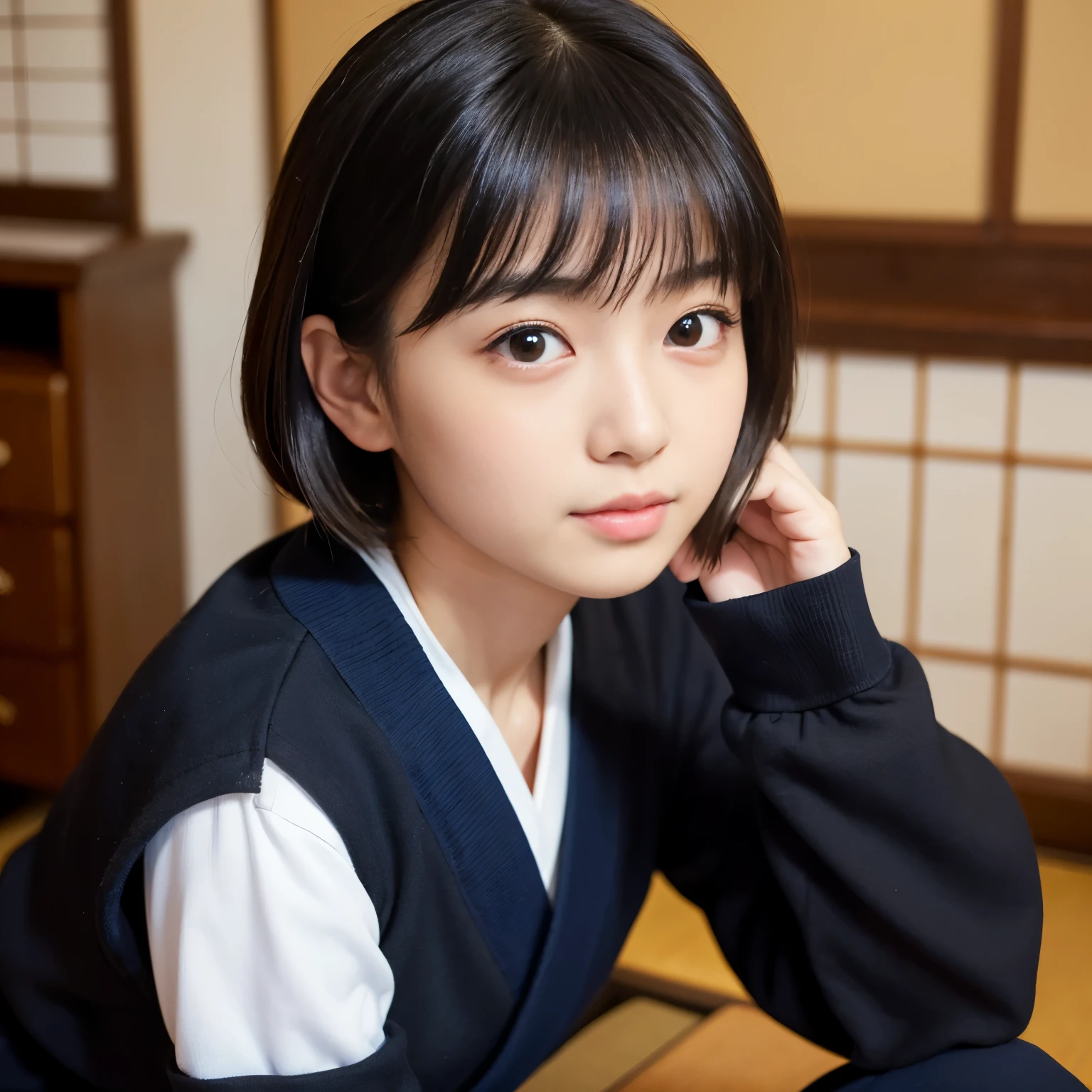 Best-quality, Masterpiece, Ultra-High-Resolution, (Photorealistic:1.4), Raw-Photo, front-view, 1girl, 15-years-old, the most famous Japanese idol,(sitting on Japanese-SEIZA, in Japanese-style room), leaning forward, looking at viewer, wearing only navy-blue Japanese-high-school winter-uniform, (((((extremely cute face like a most popular Japanese idol, extremely beautiful big-black-eyes, extremely beautiful large-solid-circle-eyes))))), extremely beautiful black-short-cut-haired, extremely beautiful long-eyelashes, extremely beautiful skins, extremely realistic skins, detailed navy-blue-Japanese-high-school-winter-uniform