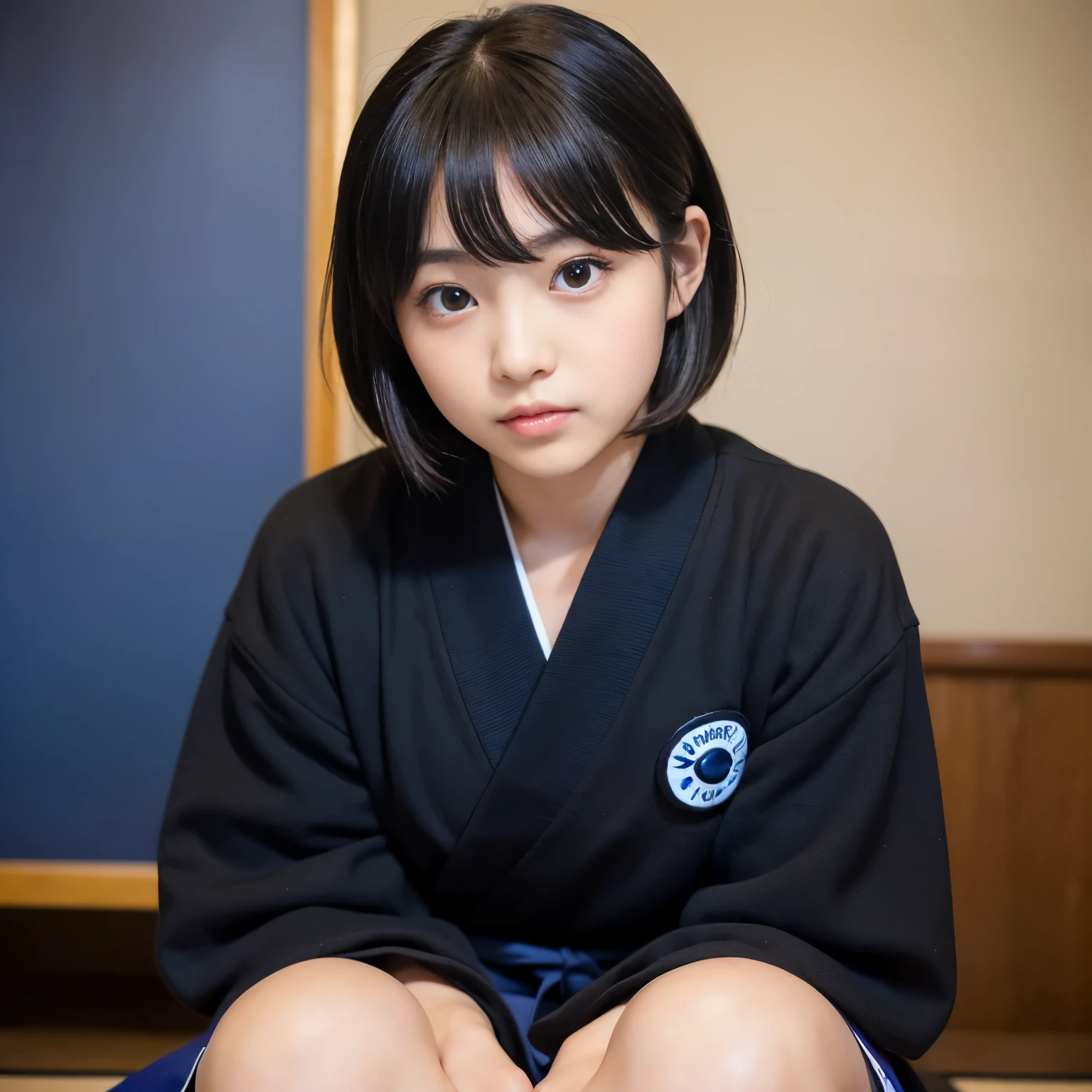 Best-quality, Masterpiece, Ultra-High-Resolution, (Photorealistic:1.4), Raw-Photo, front-view, 1girl, 15-years-old, the most famous Japanese idol,(sitting on Japanese-SEIZA, in Japanese-style room), leaning forward, looking at viewer, wearing only navy-blue Japanese-high-school winter-uniform, (((((extremely cute face like a most popular Japanese idol, extremely beautiful big-black-eyes, extremely beautiful large-solid-circle-eyes))))), extremely beautiful black-short-cut-haired, extremely beautiful long-eyelashes, extremely beautiful skins, extremely realistic skins, detailed navy-blue-Japanese-high-school-winter-uniform