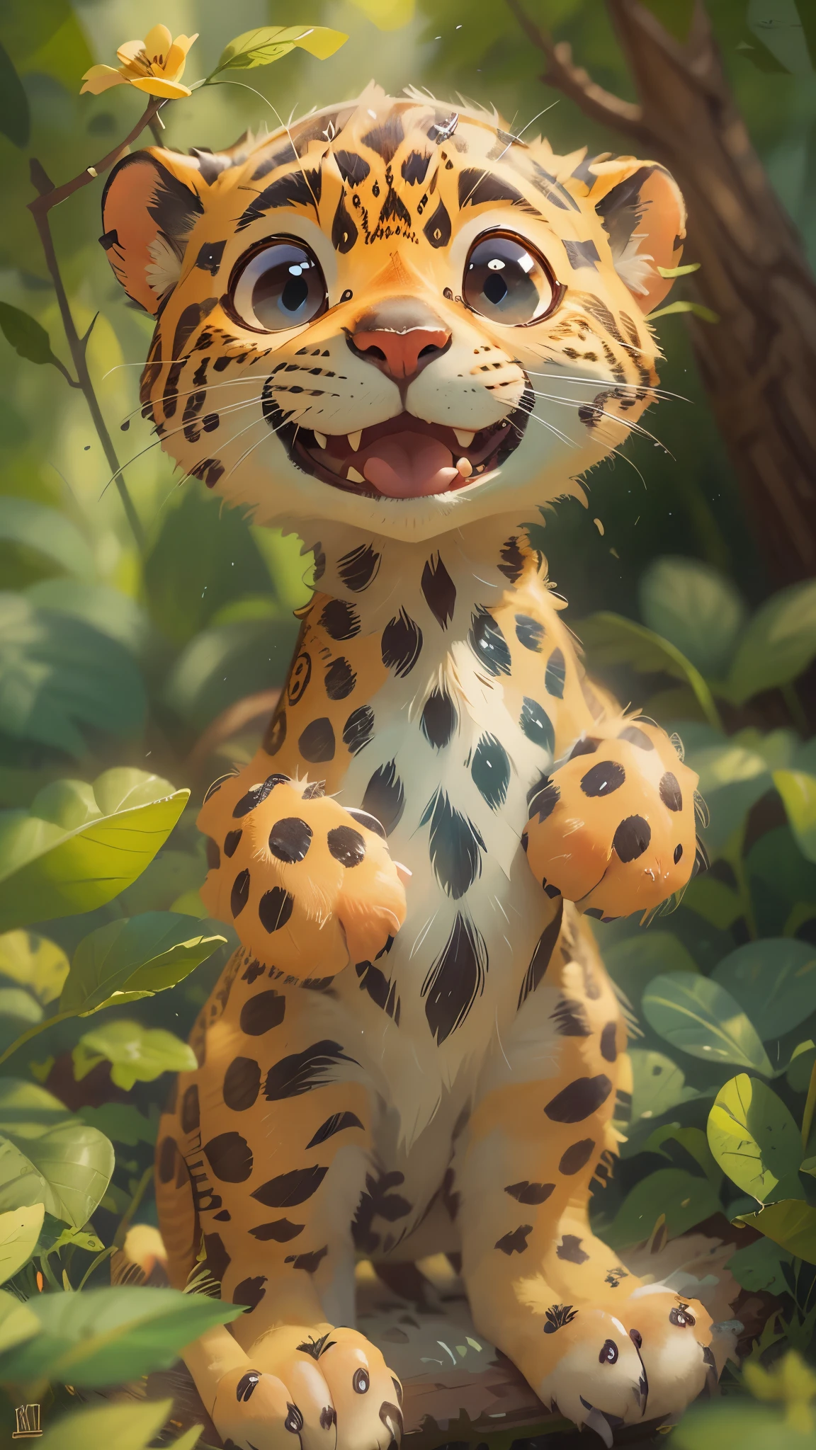In the rainforest，cute leopard，In the sunny woods，play with partners，front view，It opens its mouth，close up, Pixar style, best quality, stills, very cute, big eyes,  Birds and flowers around,  Very happy，high details, high quality, masterpiece, ccurate, super detail，