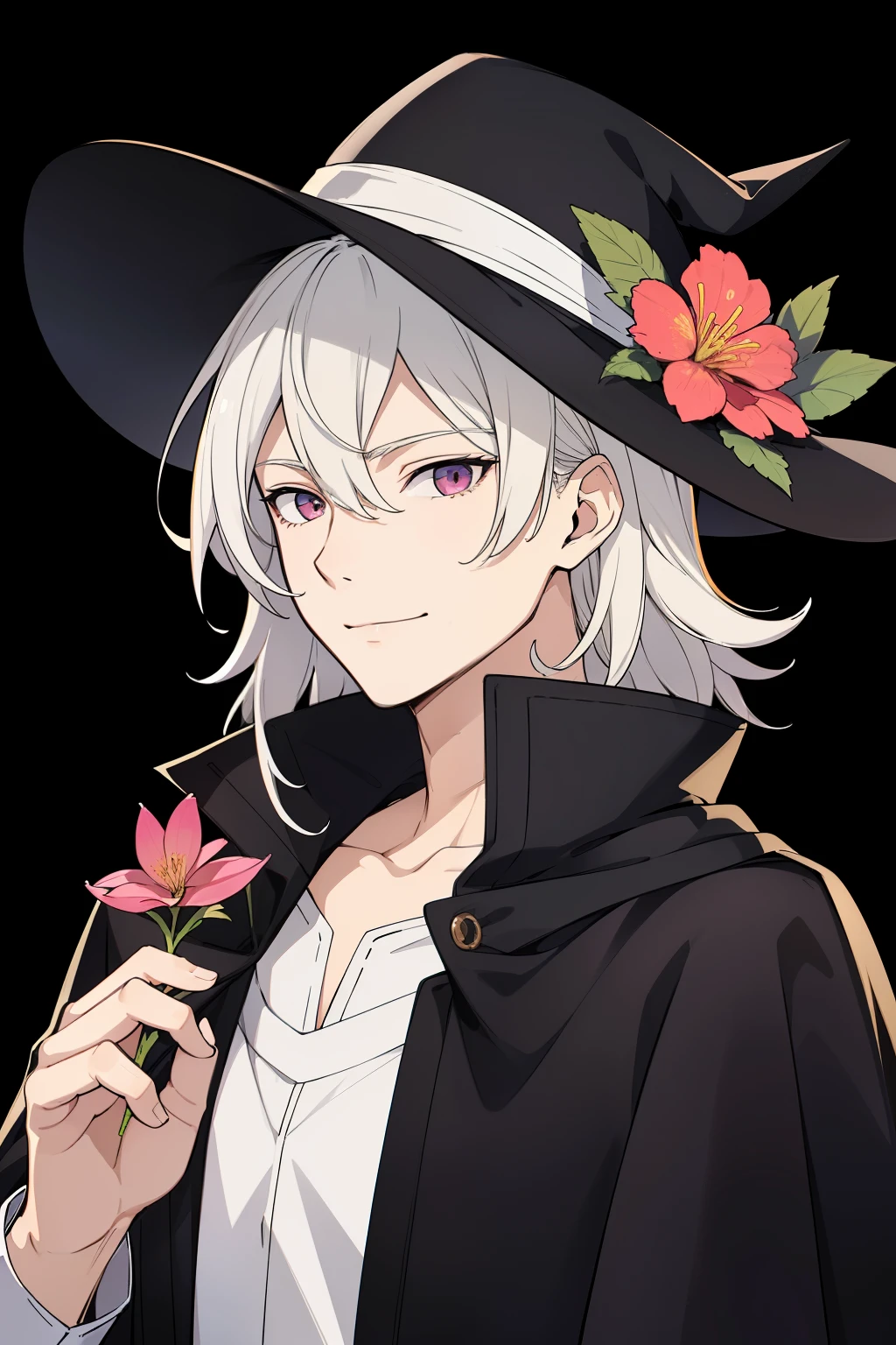 (high-quality, breathtaking),(expressive eyes, perfect face) 1male, male, solo, age 40's, medium length hair, hair has white tips, light blonde almost white hair color, unkept hair, pink eyes, fantasy mage clothing, portrait, upper body, magic, charming smile, black cloak, white shirt, pink flower on clothing
