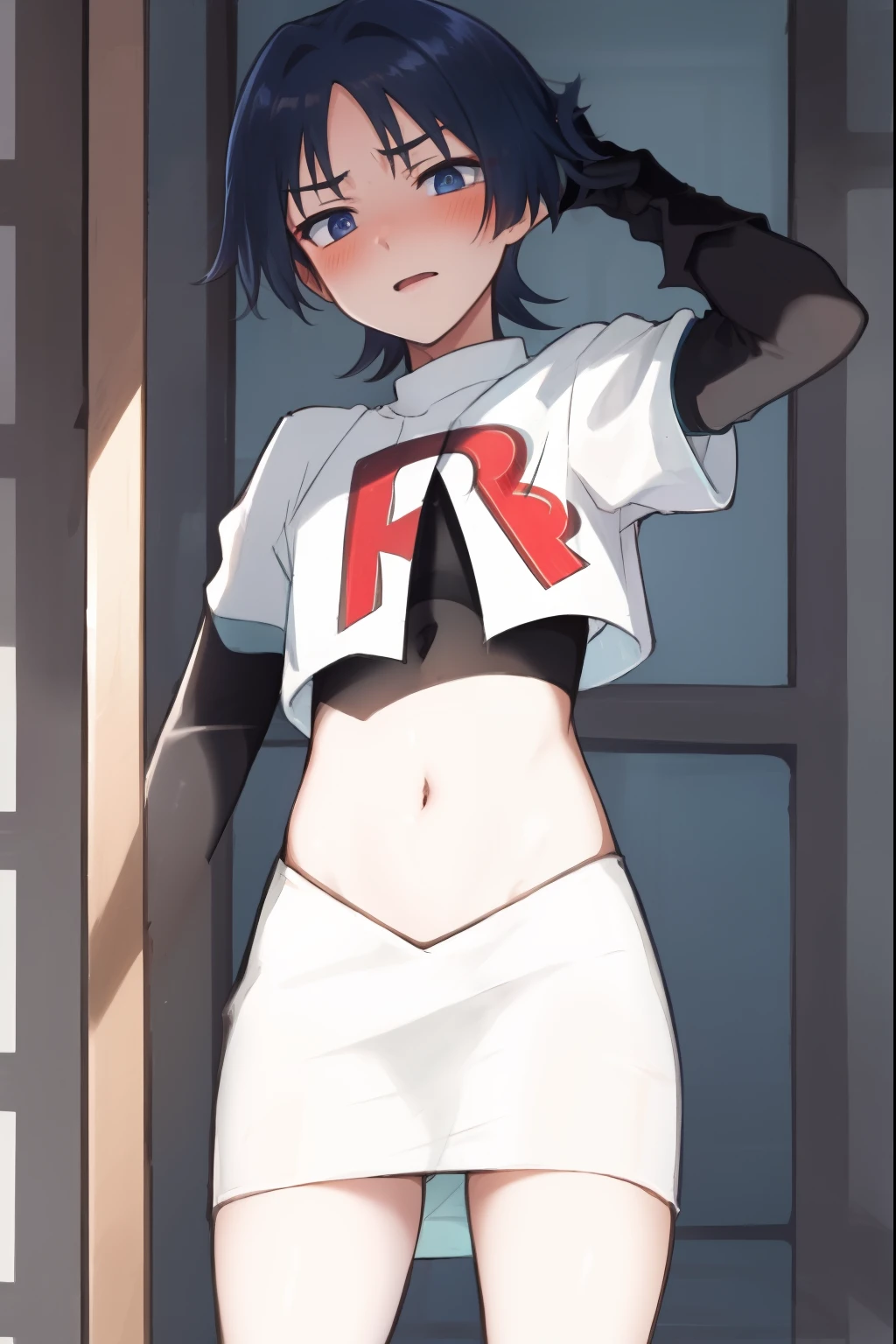 absurdres,masterpiece, trap, best quality, highres, high quality, 1boy, solo, male focus, hair, crossdressing,1boy,team rocket,team rocket uniform,white skirt,red letter R,crop top,black thigh-highs,black elbow gloves, embarrassed, blush