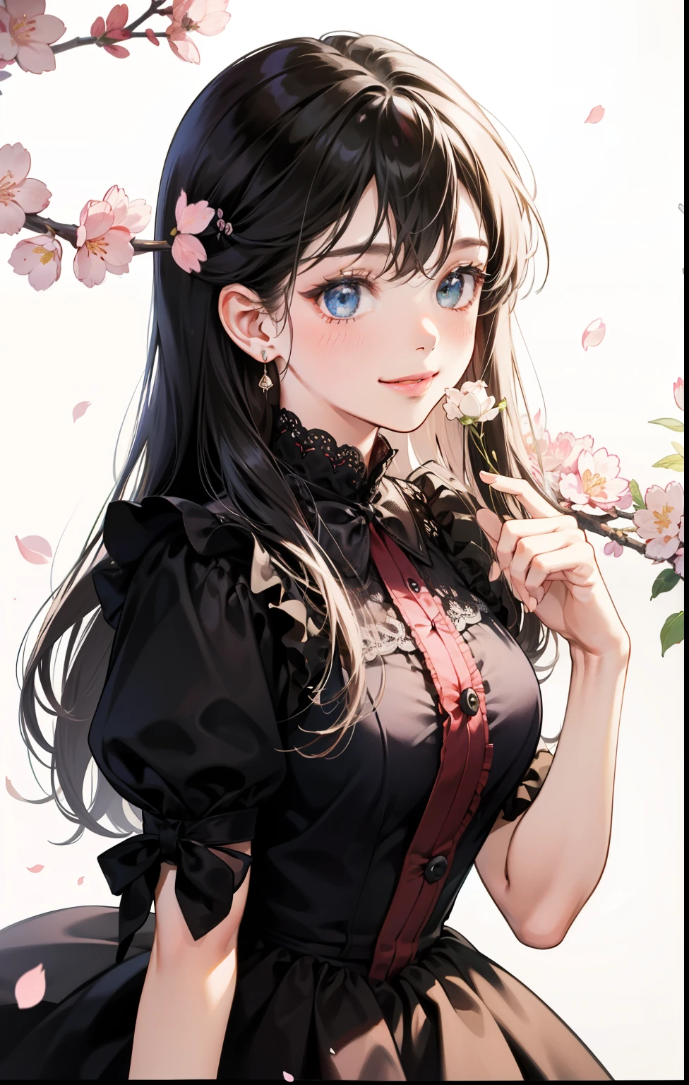 girl、white background、no background、black hair、long hair、Contrasting bangs、floral dress、ribbon、frills、cherry blossoms、April、blush、smile、cute、no background