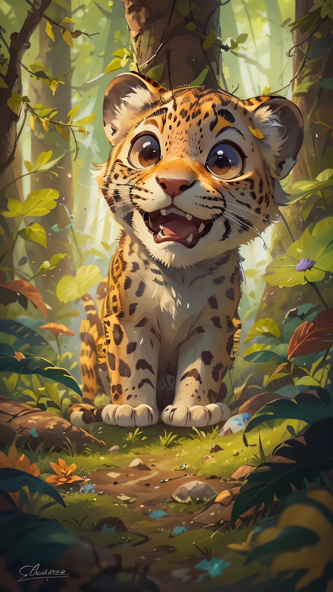 In the rainforest，cute leopard，In the sunny woods，play with partners，front view，It opens its mouth，close up, Pixar style, best quality, stills, very cute, big eyes,  Birds and flowers around,  Very happy，high details, high quality, masterpiece, ccurate, super detail，
