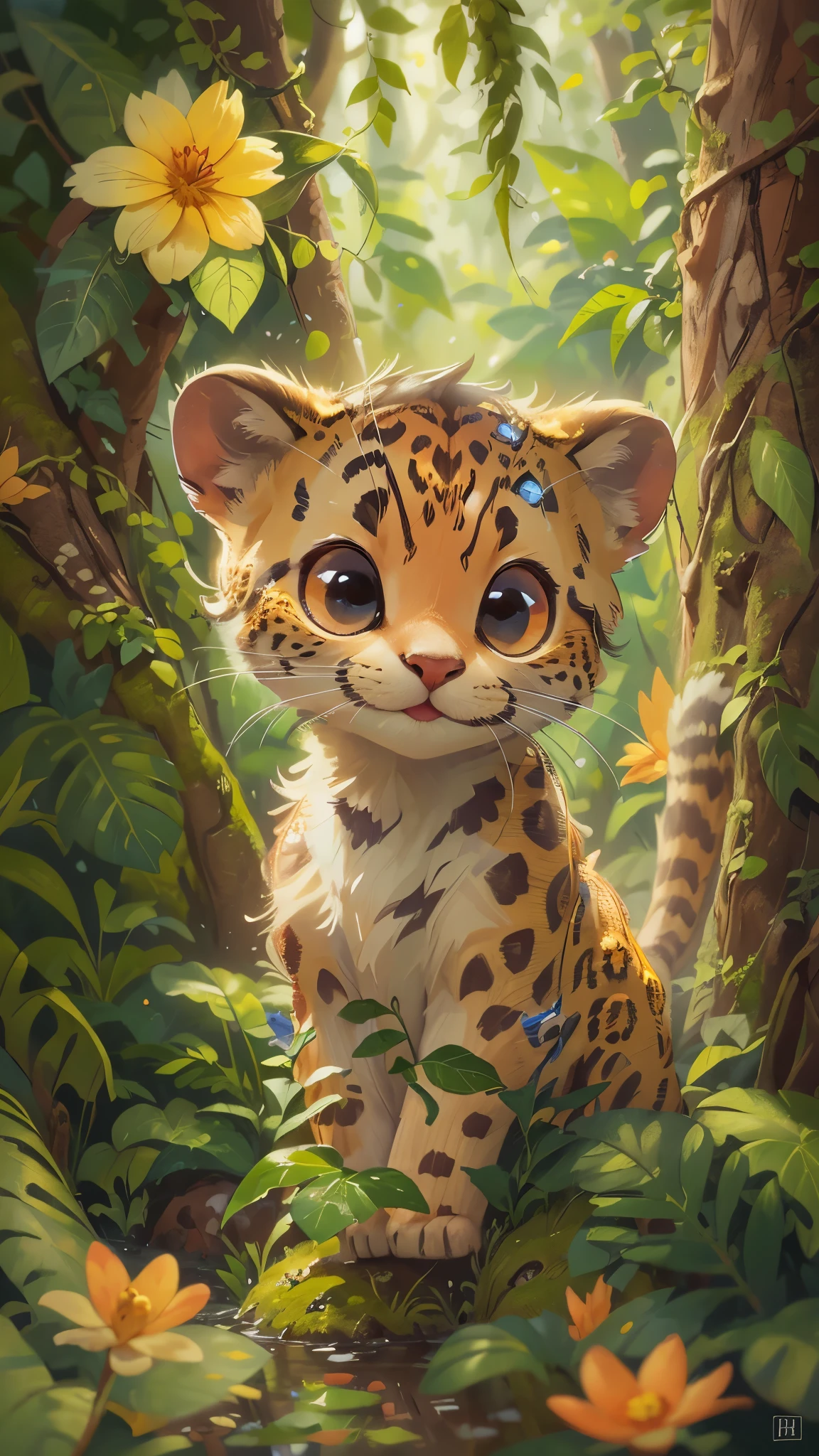 Sunny tropical rain forest,2 pcs,cute leopard,Hide and seek in the woods,play with partners,front view,close up, Pixar style, best quality, stills, very cute, big eyes, Birds and flowers around, Very happy,high details, high quality, masterpiece, ccurate, super detail,