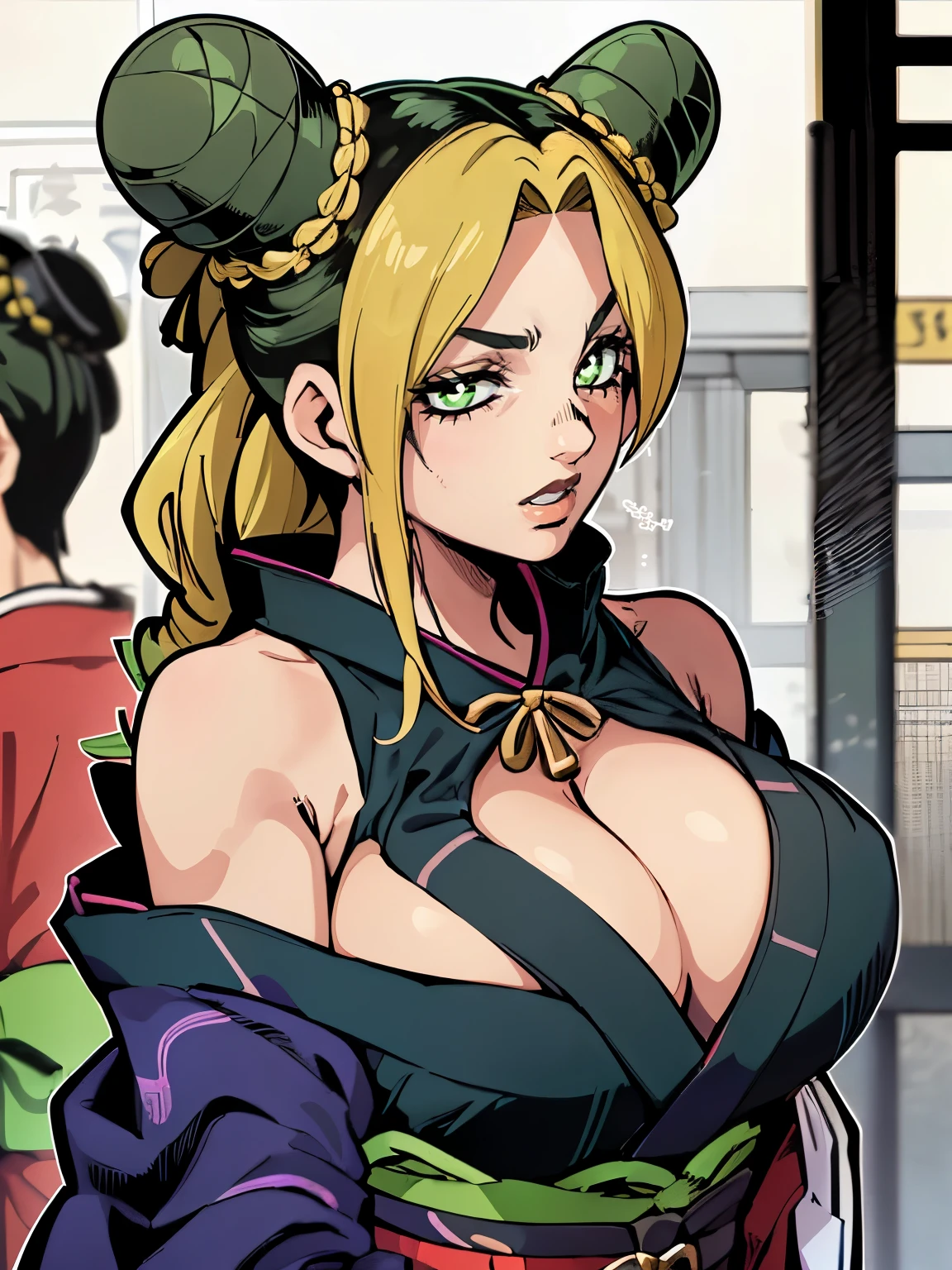 Chica de ojos grandes, ((kimono)), big breasts, (2d line:1.3), jolyne  ((alone)) ((only)) ((neckline)) sexy 