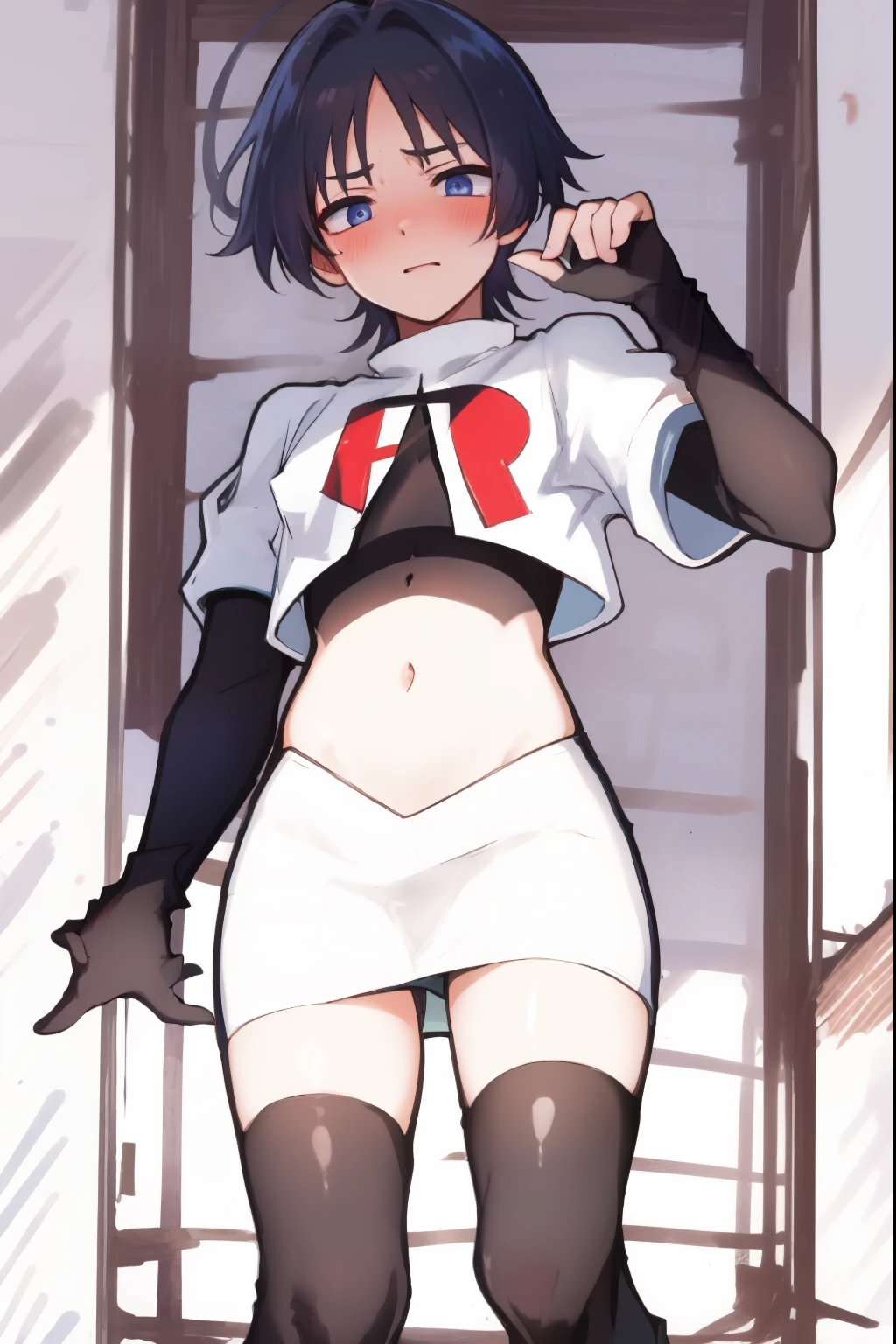 absurdres,masterpiece, trap, best quality, highres, high quality, 1boy, solo, male focus, hair, crossdressing,1boy,team rocket,team rocket uniform,white skirt,red letter R,crop top,black thigh-highs,black elbow gloves, embarrassed, blush