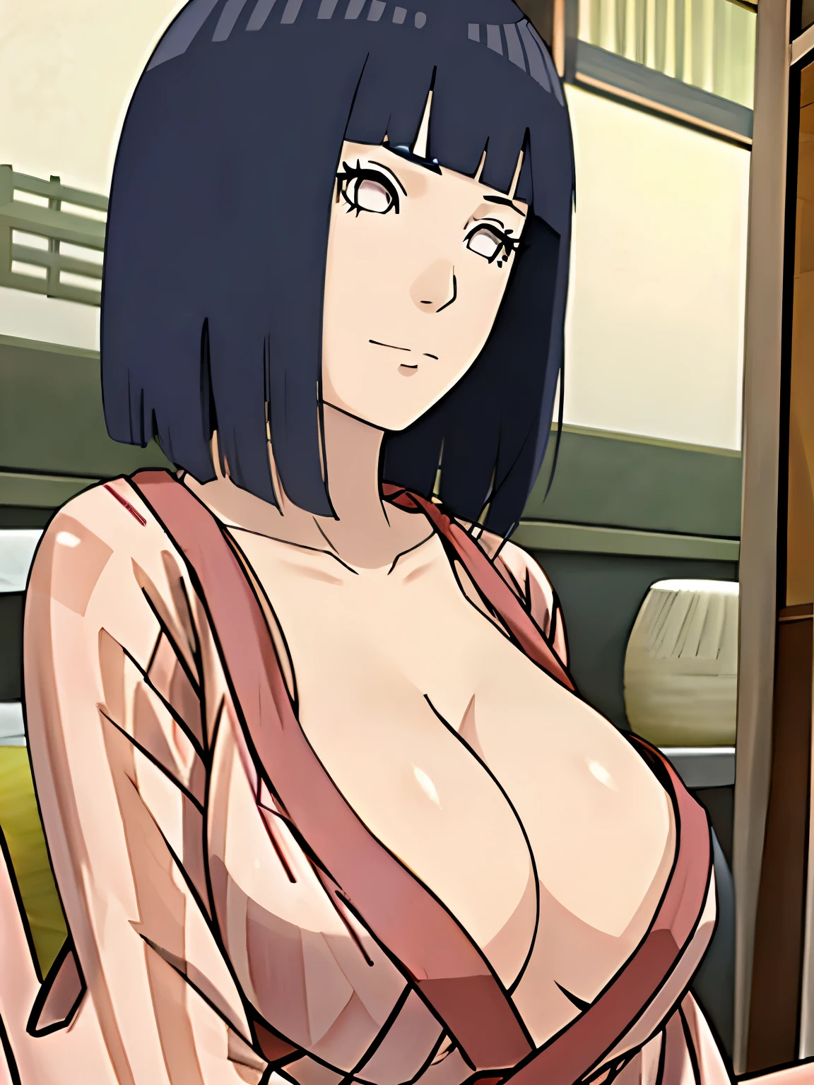 Chica de ojos grandes, ((kimono)), big breasts, (2d line:1.3), hinata  ((alone)) ((only)) ((neckline)) sexy 