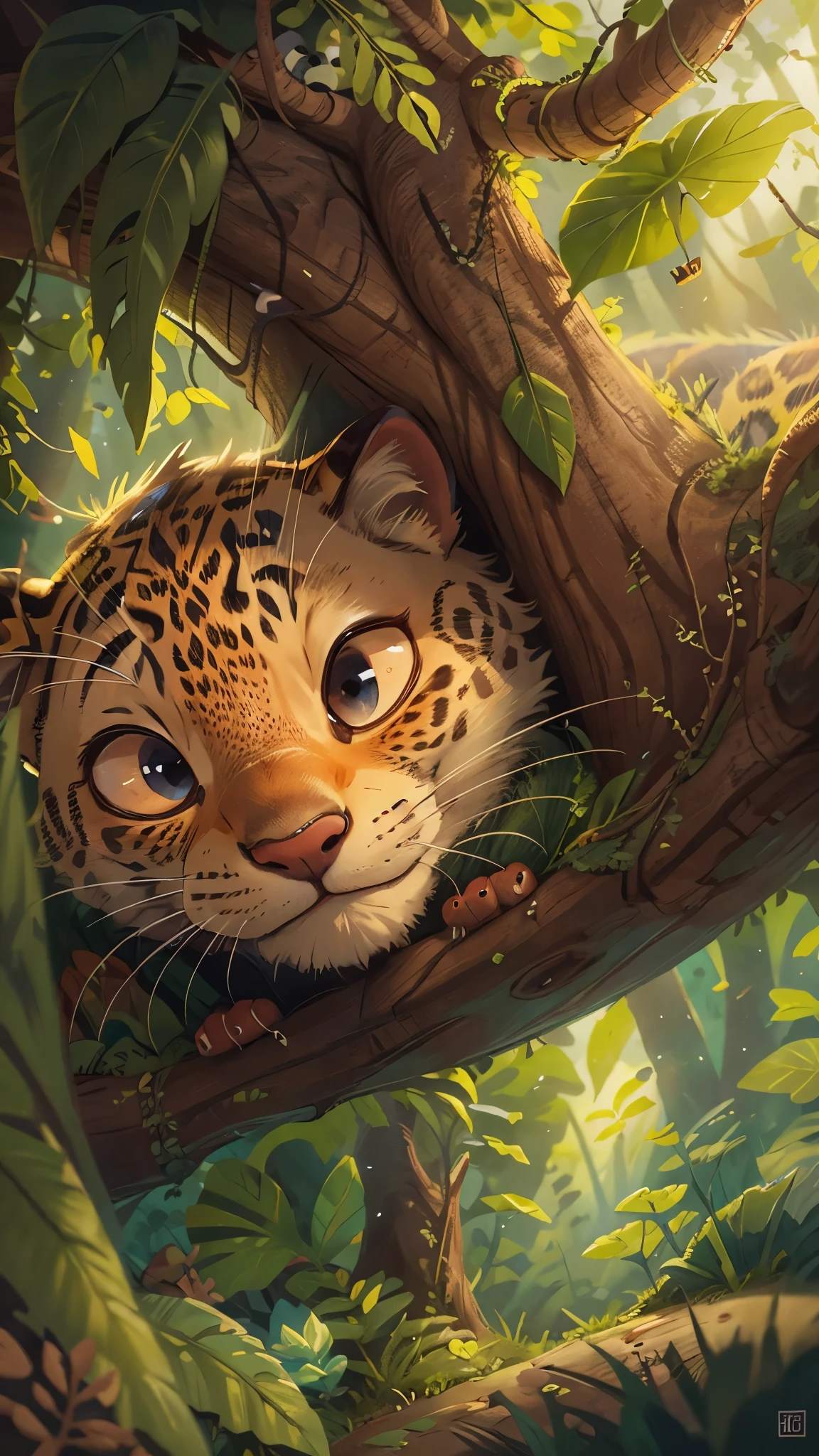it's late at night,Cute leopard closes eyes,Illustration of sleeping in a warm tree hole, goodnight,close up, Pixar style, best quality, stills, very cute,at night,Night's,Rainforest, high details, high quality, masterpiece, ccurate, super detail,
