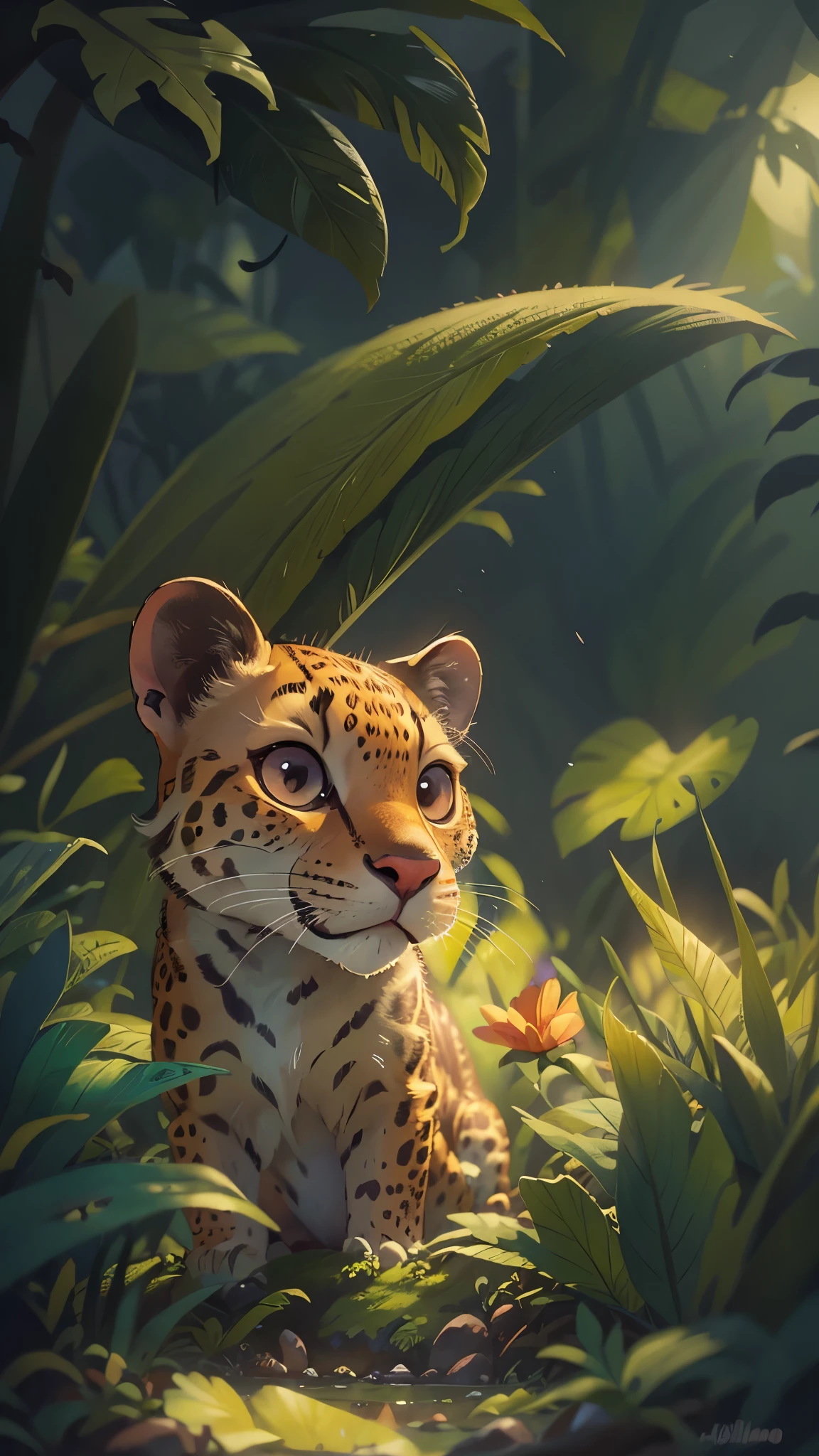 In the tropical rainforest at dusk,The cute leopard is tired of playing,It lies down in the grass to rest,The setting sun shines on the face,front view,close up, Pixar style, best quality, stills, very cute, big eyes, Birds and flowers around, Very happy,high details, high quality, masterpiece, ccurate, super detail,