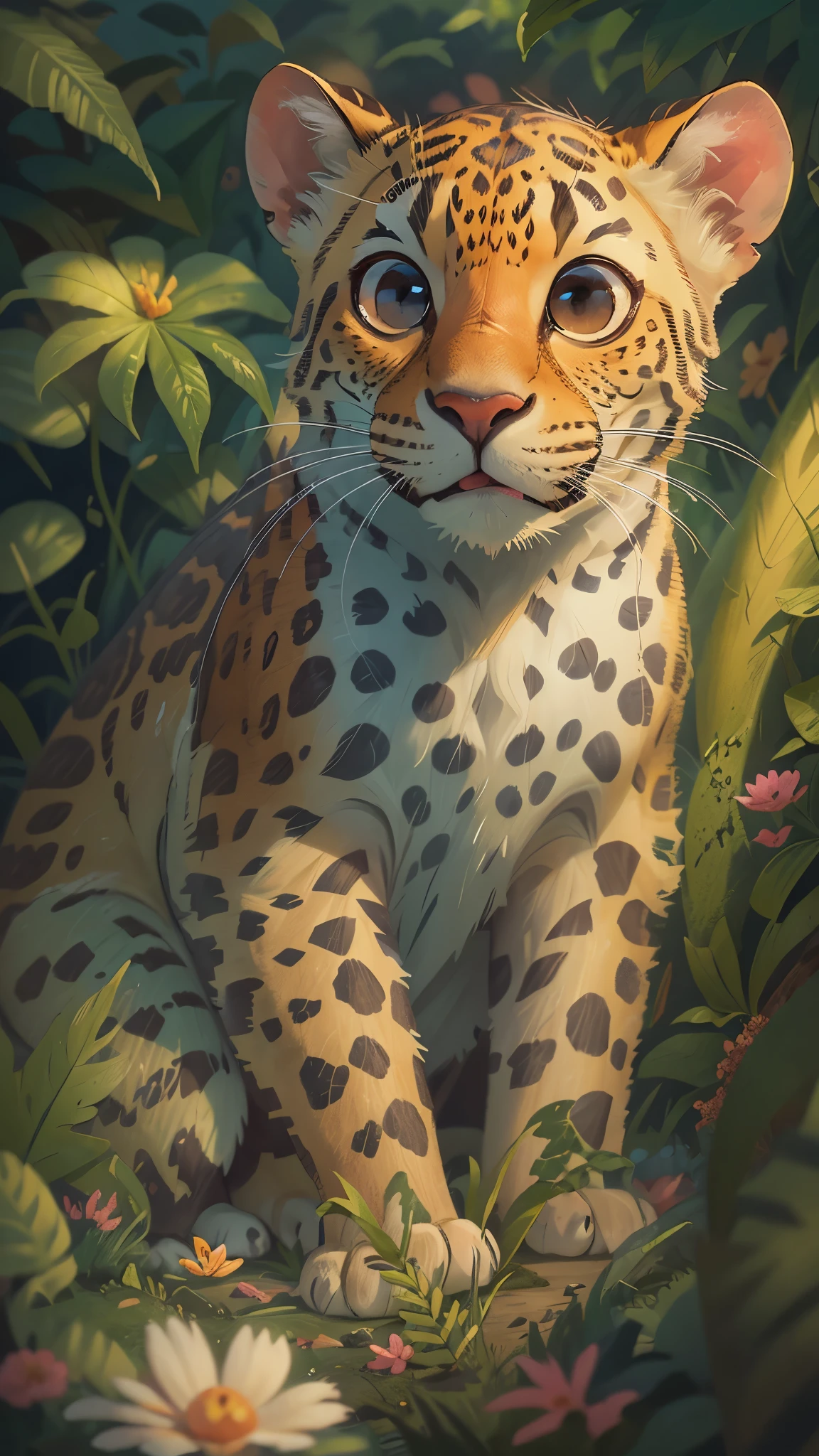 In the tropical rainforest at dusk,The cute leopard is tired of playing,It lies down in the grass to rest,The setting sun shines on the face,front view,close up, Pixar style, best quality, stills, very cute, big eyes, Birds and flowers around, Very happy,high details, high quality, masterpiece, ccurate, super detail,