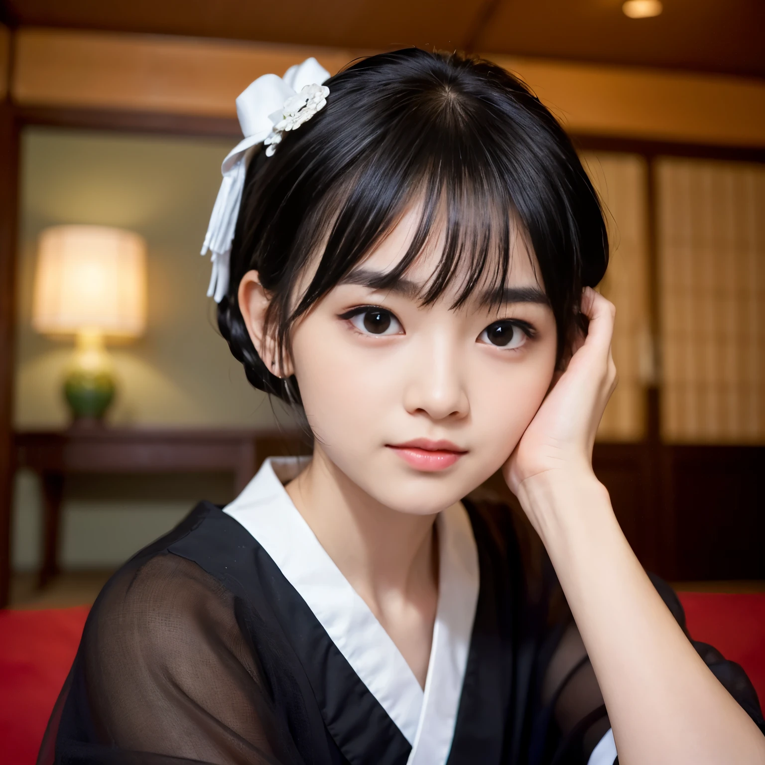 Best-quality, Masterpiece, Ultra-High-Resolution, (Photorealistic:1.4), Raw-Photo, front-view, 1girl, -yeld, thost famous Japanese idol, (sitting on Japanese-SEIZA, in Japanese-style room), leaning forward, looking at viewer, extremely cute face like a most popular Japanese idol, (((((extremely beautiful big-black-eyes))))), extremely beautiful black-short-cut-haired, extremely beautiful long-eyelashes, extremely beautiful skins, extremely realistic skins, detailed big-black-eyes, detailed SEIZA